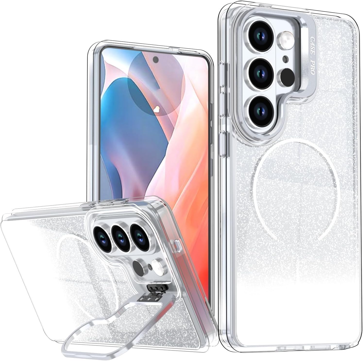 Magnetic Glitter Case for Samsung Galaxy S26/S26 Plus/S26 Ultra, Transparent Cover with Metal Lens Protection & Kickstand(White,S26)