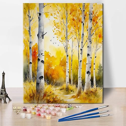 Miniatura 7 de Pintura por números, kit de pintura por números de árboles de abedul amarillos para adultos, kit de pintura por números para adultos y