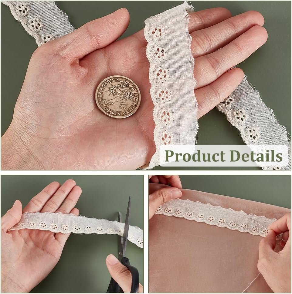 FINGERINSPIRE 15 Yards Cotton Lace Trim 1 inch Wide Beige Eyelet Lace Trim Embroidery Flower Cotton Lace Ribbon Wavy Edge Eyelet Lace Trim for Dresses Clothes Sewing DIY Crafts Making Decoration