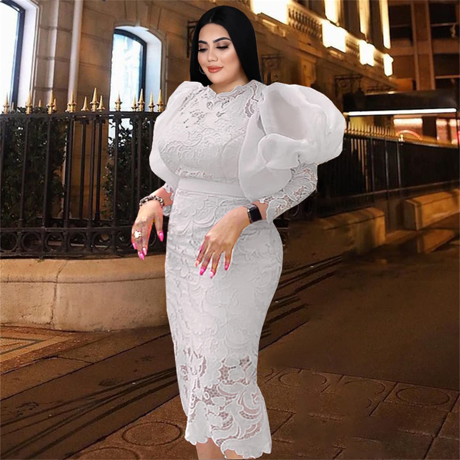 Abito da Donna in Pizzo Bianco Aderente Plus Size Abito a Tubino con Giunzione Solida a Maniche Lunghe per Cocktail Party di Matrimonio