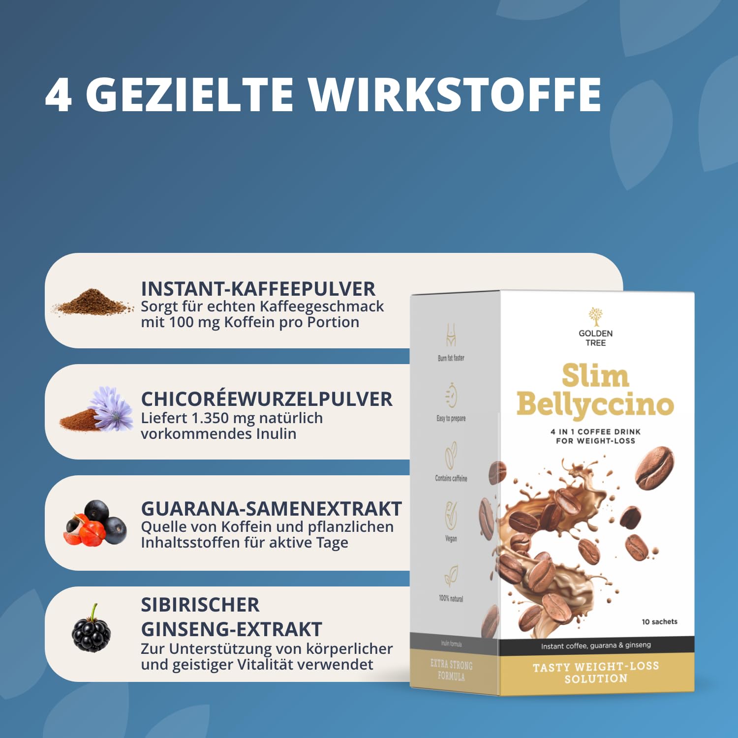 Golden Tree SlimBellyccino – Premium-Instant Kaffee Mischung, 10 Beutel | Guarana, Zichorienwurzel, Ginseng, Glutenfrei, Laktosefrei