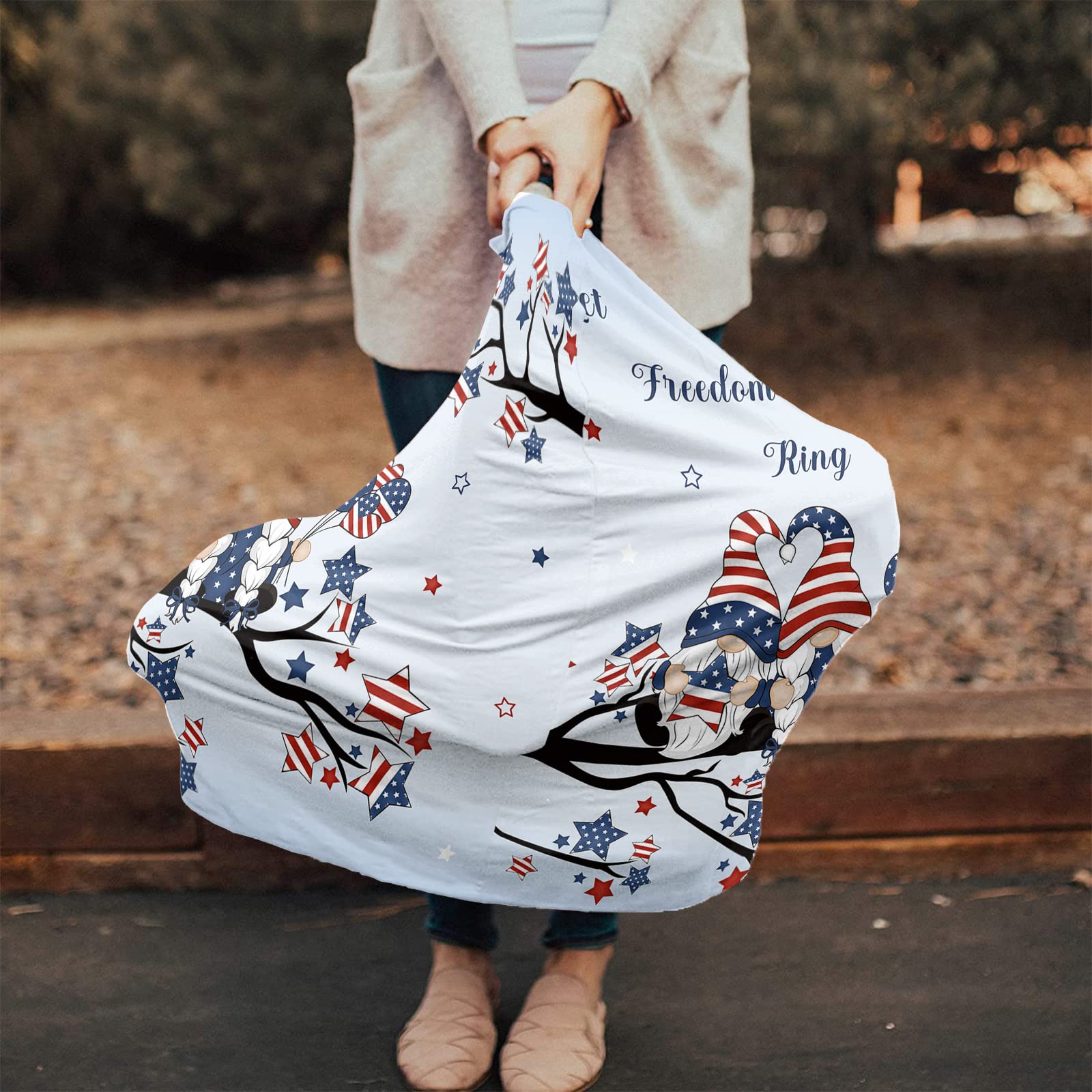 Nursing Cover for Breastfeeding Scarf, Independence Day American Flag Stars Freedom Gnomes Ballon Baby Car Covers Super Soft Multi Use for Canopy Shopping Cart Cover Blanket Stroller Cover