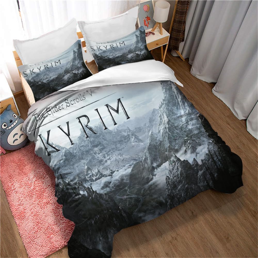 Ste-X Bettbezug Elder Scrolls V Skyrim Winterschutzdecke Baumwolle Zwei Kissenbezüge Versteckter Reißverschluss Leicht Zu Reinigen (TESVS 03,135x200cm)