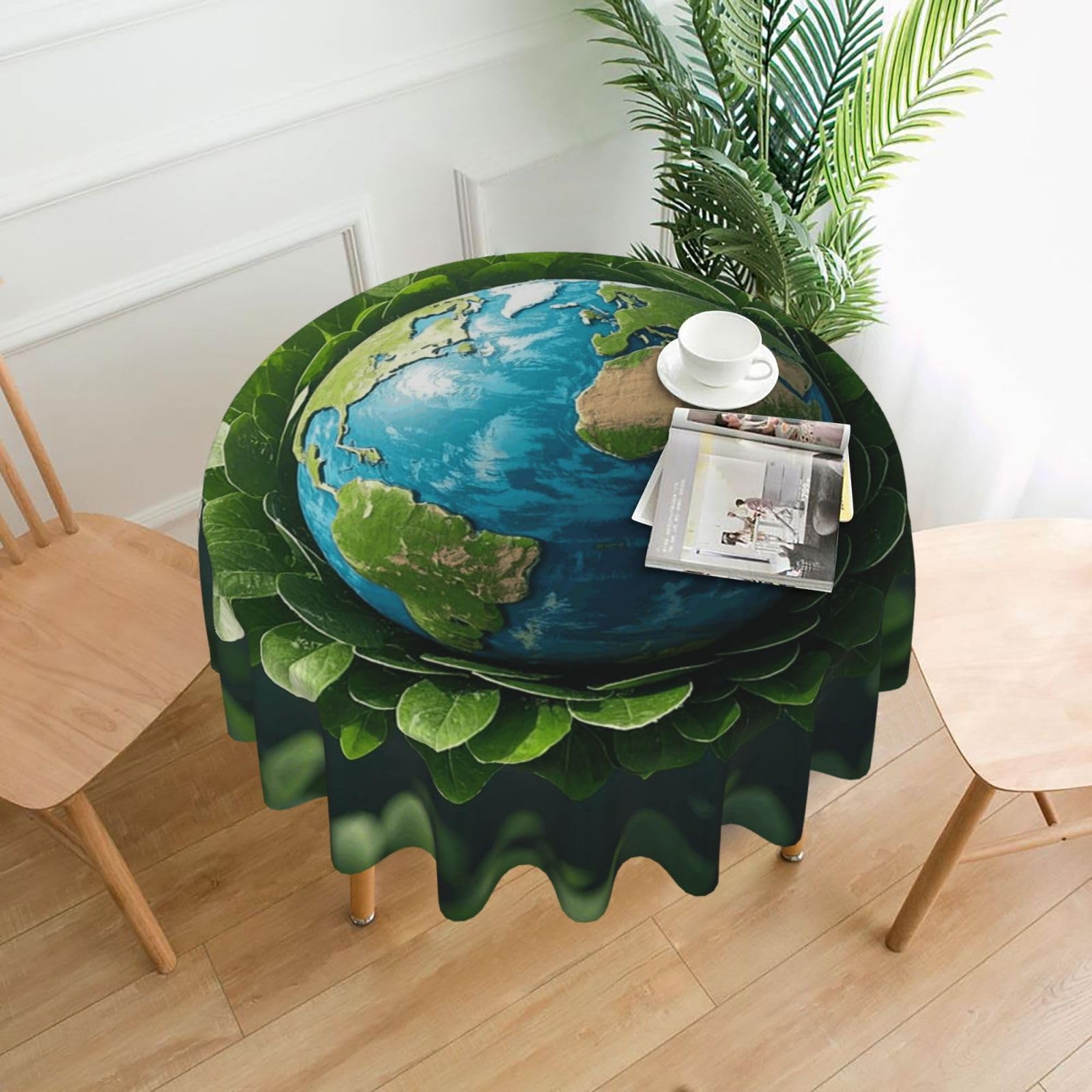 FodPand Earth and Green Leaves Tablecloths for Round Tables 60 Inch - Reusable Washable Dining Table Clothes - Stain and Wrinkle Resistant Decorative Fabric Table Cover for Wedding Party