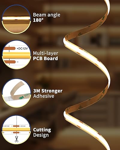 Miniatura 5 de GOOVER COB - Tira de luces LED de 16.4 pies, 3000 K, luz blanca cálida DC 12 V, cinta regulable, Ra 95+, 150+LMFT, 98 LEDsft, 2.2 Wft, 1600 LED,