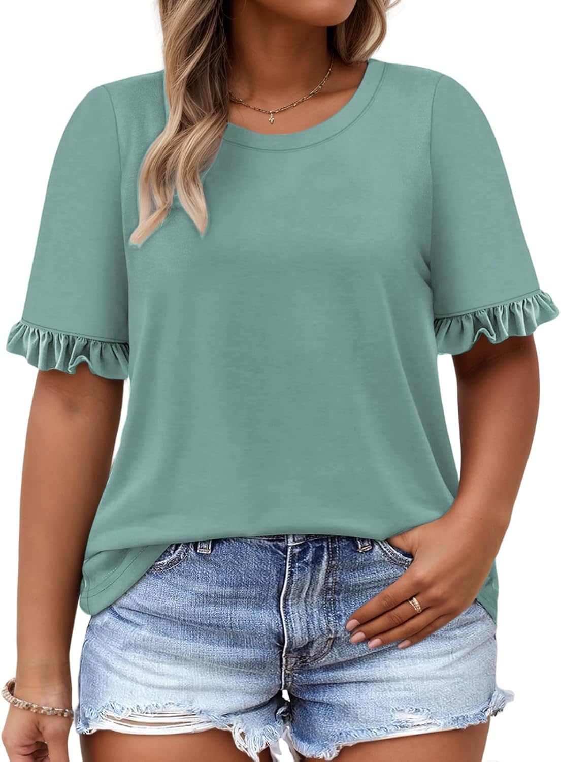 VISLILY Womens-Plus-Size-Summer-Tops Cute Ruffle Short Sleeve T Shirts Casual Crewneck Tunics Loose Blouses Tee XL-5XL