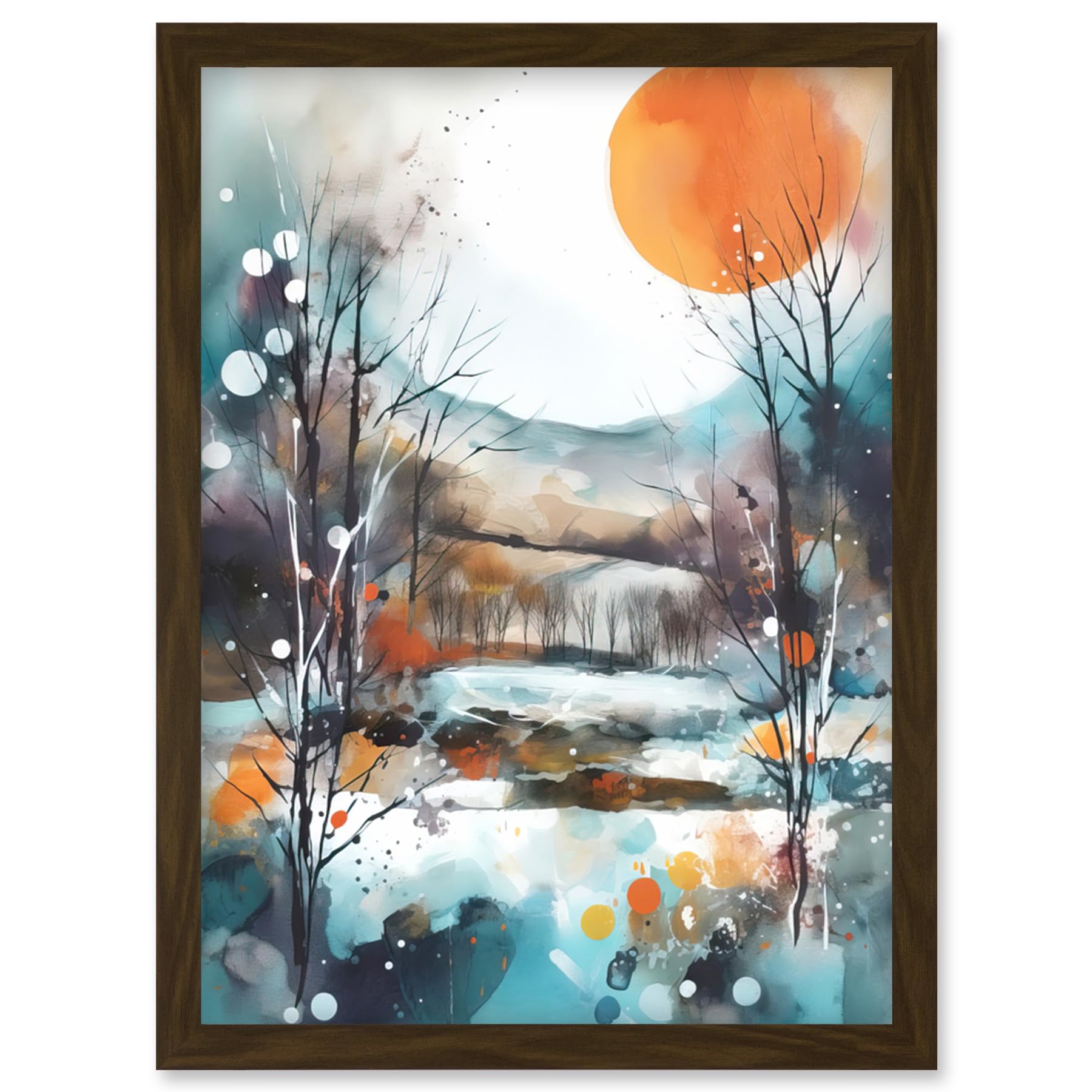 Artery8 Abstract Winter Landscape Watercolour Painting Boho Countryside Sunrise Snow Artwork Framed Wall Art Print A4