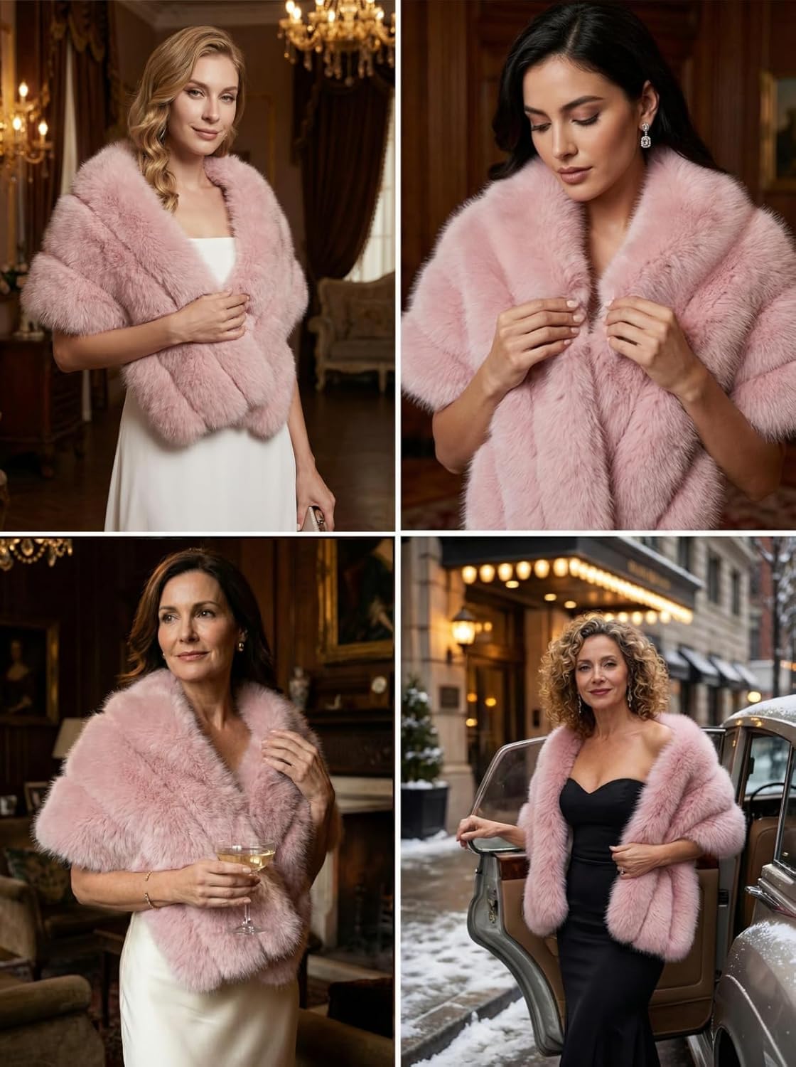 DJBM Women Luxury Faux Fur PU Leather Shawl Winter Fluffy Cover Up Wraps for Wedding Bridal Party