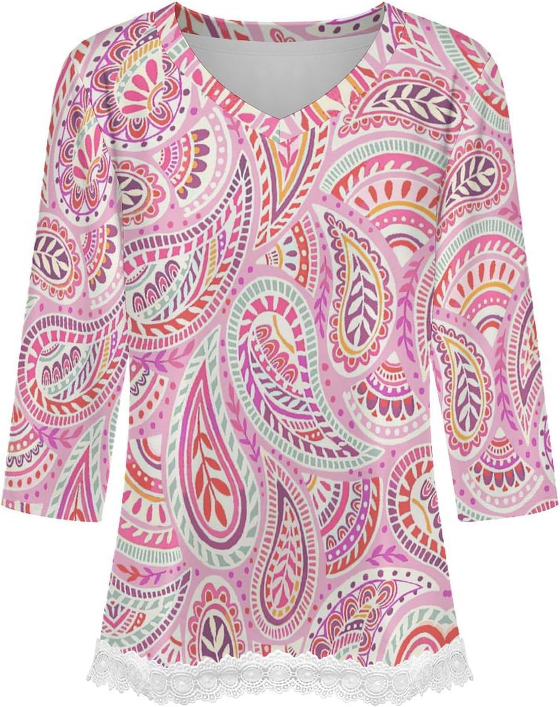 Women's 3/4 Sleeve V Neck T Shirt Vintage Paisley Floral Print Lace Trim Boho Blouse Lightweight Summer Tops 2026 - Image 4