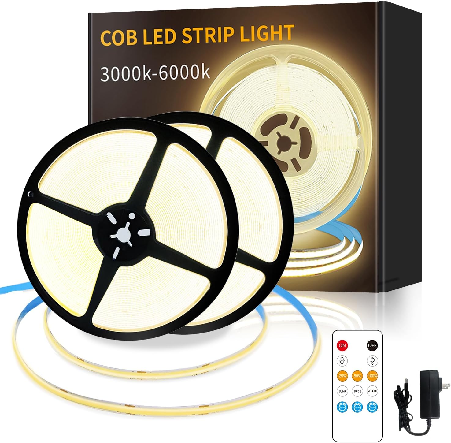 Yeewhale 100ft COB LED Strip Lights 3000K Warm White Dimmable 24V Flexible Rope Lights w/ Remote & App Control