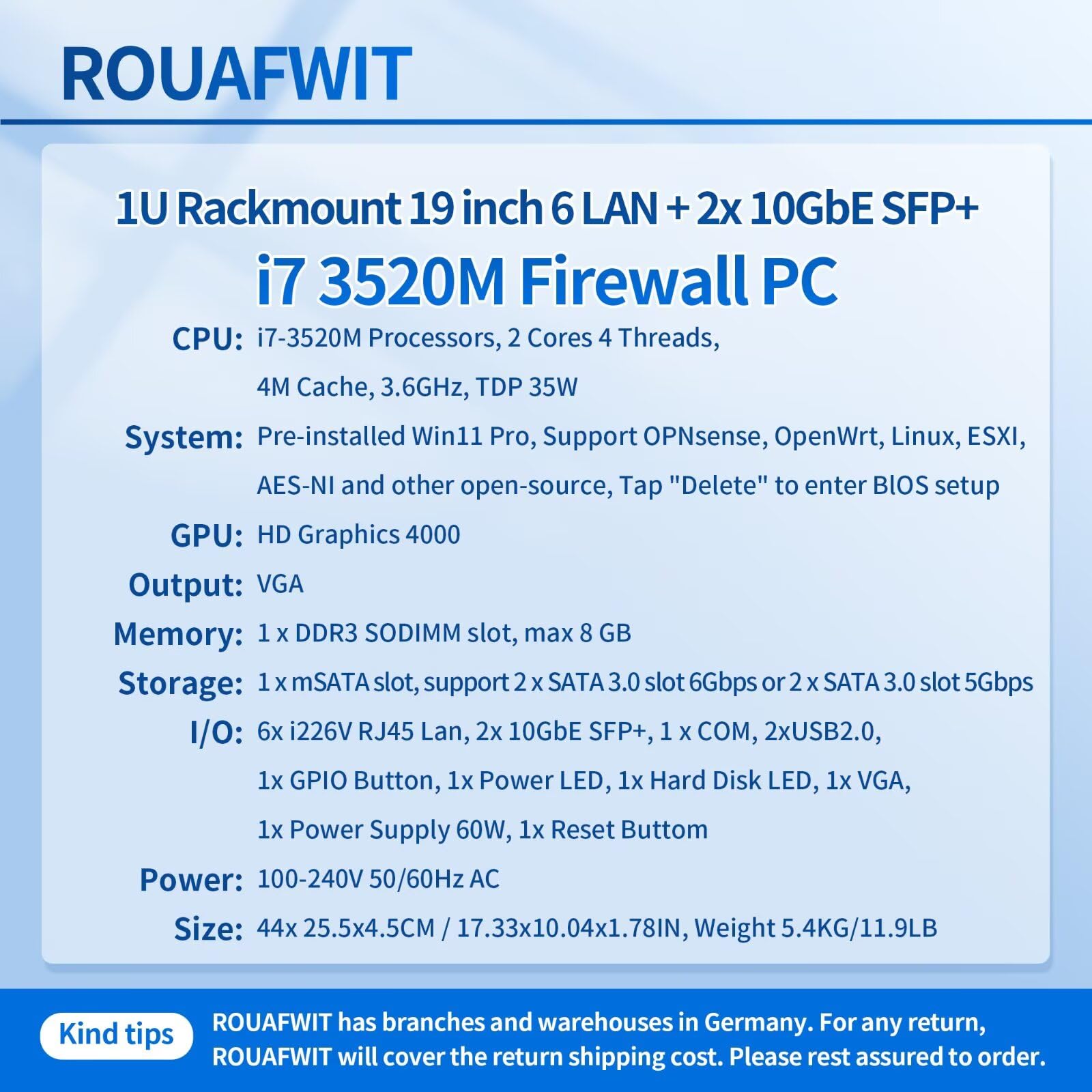 1U Firewall Rackmount 19 Inch, OPNsense, Network Appliance, i7-3520M, 2 x SFP+ 82599es 10Gbe/6 i226V Lan/2USB/COM/VGA/SIM, DDR3 8G RAM 128G SSD