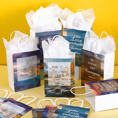 Miniatura 4 de Engrowtic 24 bolsas de regalo de papel con versículos de la Biblia con pañuelos, bolsas de regalo cristianas con escrituras inspiradoras paisajes