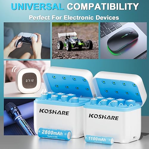 Miniatura 5 de Baterías recargables AA y AAA con cargadores, 16 unidades, baterías Ni-MH de 1.2 V con 8 pilas AA de 2800 mAh y 8 pilas AAA de 1100 mAh, precarga