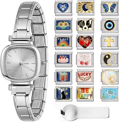 GEMOSA Italian Charms Watch Bracelet, Square Dial with 5 Color Options, 18Pcs DIY Charm Modules Set with Starter Bracelet & Link Tool Included, Stainless Steel Modular Jewelry Gifts for Women