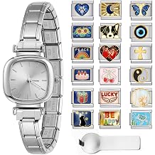 GEMOSA Italian Charms Watch Bracelet, Square Dial with 5 Color Options, 18Pcs DIY Charm Modules Set with Starter Bracelet & Link Tool Included, Stainless Steel Modular Jewelry Gifts for Women