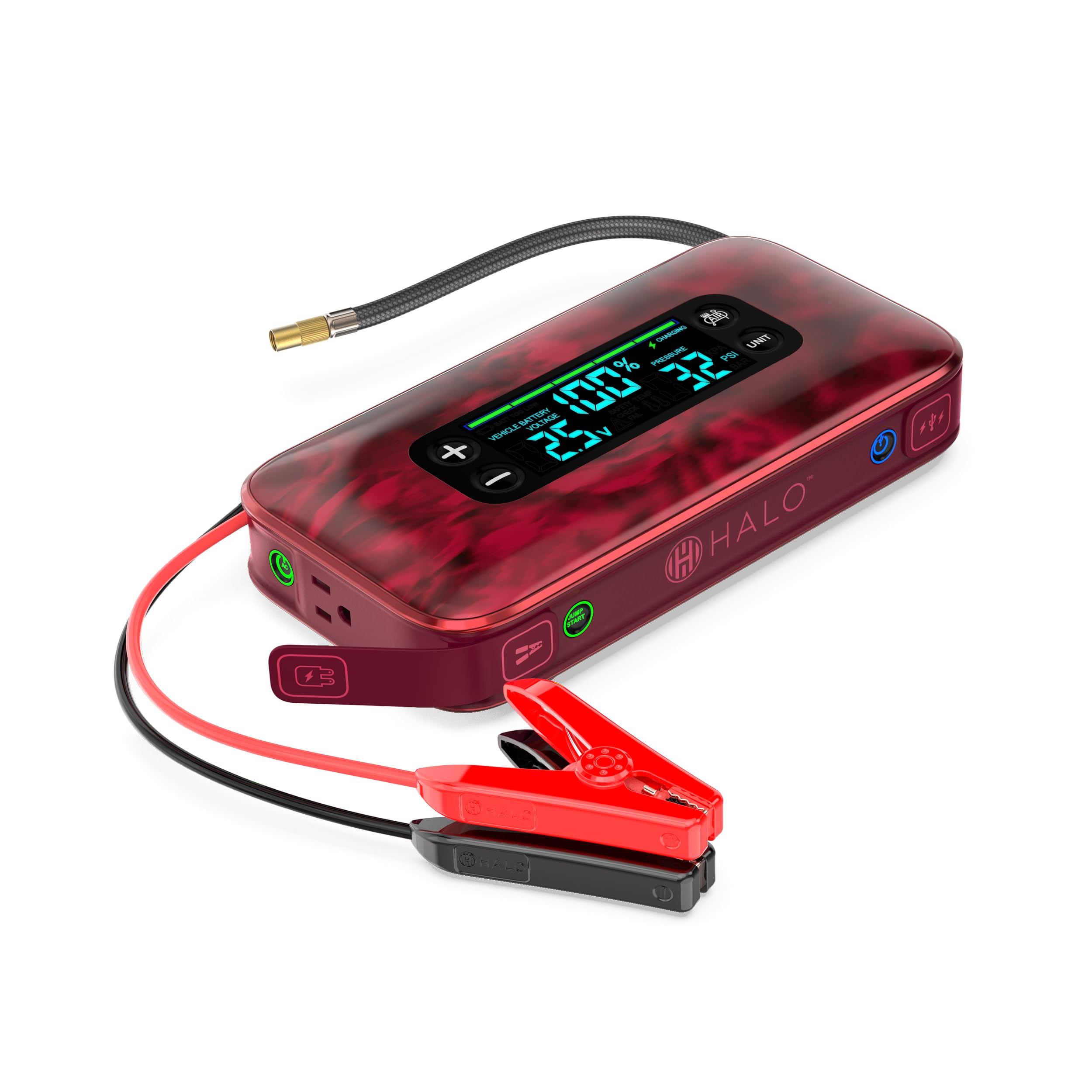 HALO Bolt Ultimate 3 Portable Car Battery Jump Starter | 130 PSI Air Compressor, 55.5Wh USB Power Bank, Large Display, Emergency Floodlight & Charger, Jumps Cars SUVs & Trucks, Inflates Tires — Red