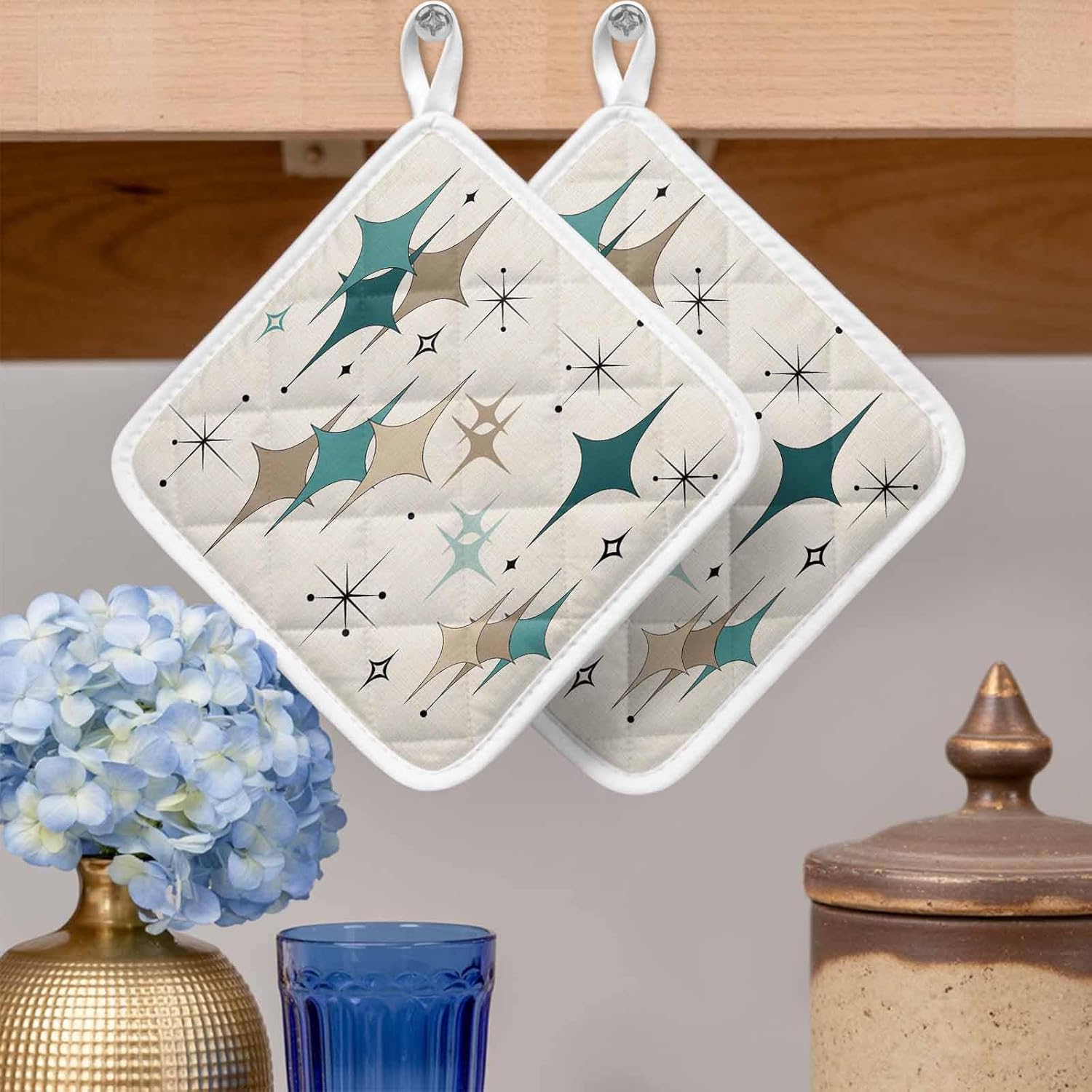 Green Beige Diamond Pot Holders for Kitchen Heatproof Potholder, 5 Pack Modern Geometric Middle Century Hot Pads Multipurpose Oven Pads Cloth Potholders Trivet for Cooking Baking