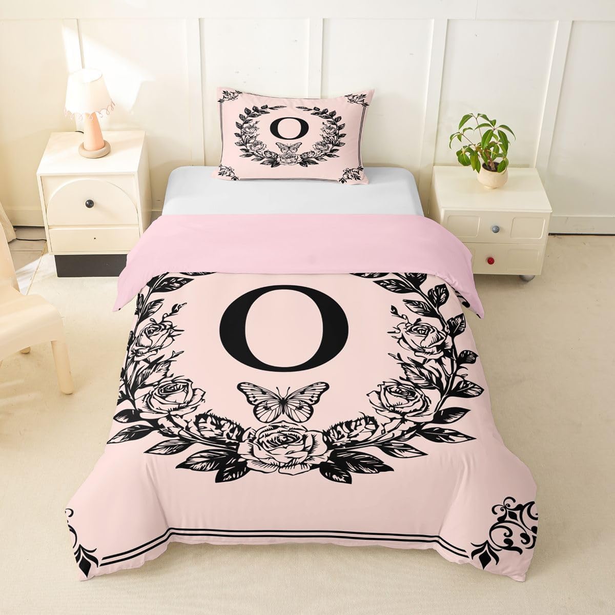 Monogram Letter O Comforter Cover Toddler Size Black And Pink Duvet Cover For Girls Boho Butterfly Floral Bedding Set Vintage Rustic Damask Bed Set Personalized Gifts For Adult Teen Girls Friends