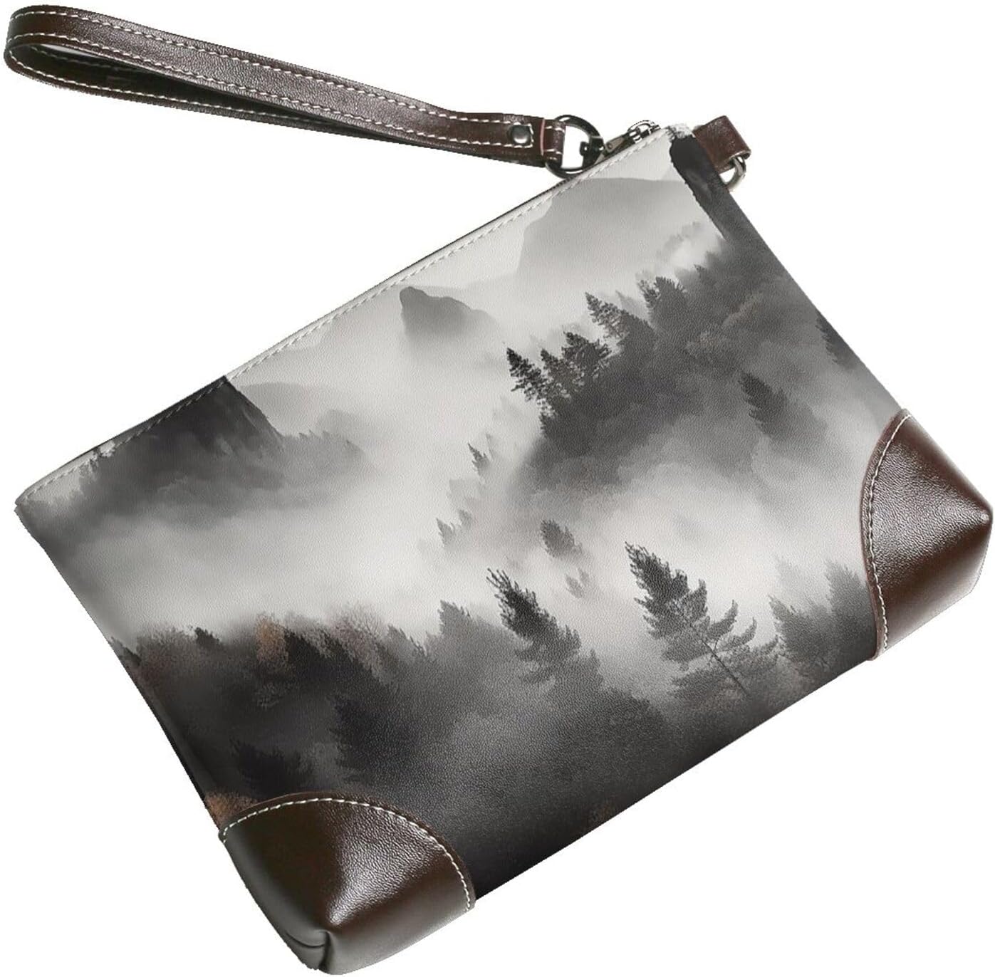 Women's Leather Wristlet Purses Clutch Wallet Foggy Mountains Forest Handbag Ladies Evening Bag Cell Phone Pouch Bag