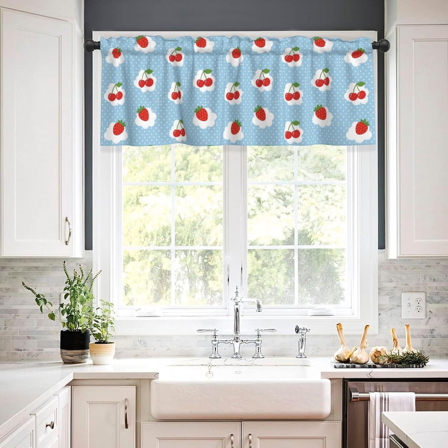 Valance for Windows Red Strawberry Cherry Dot Blue Decorative Rod Pocket Kitchen Curtain Valances Short Window Valance Curtains for Living Room Bedroom Bathroom 1 Panel 54x18Inch