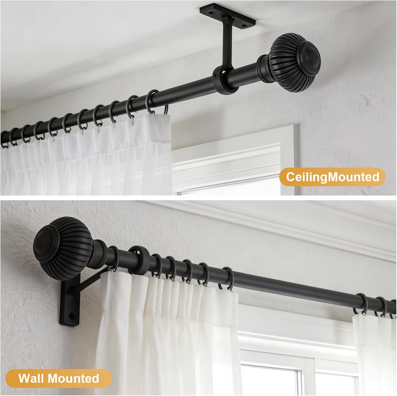 Adjustable Splicing Black Curtain Rods for Windows - 1 Inch Diameter Heavy Duty Curtain Rod with Brackets, Extends 32 to 72 Inches, 1 Pack (Black)