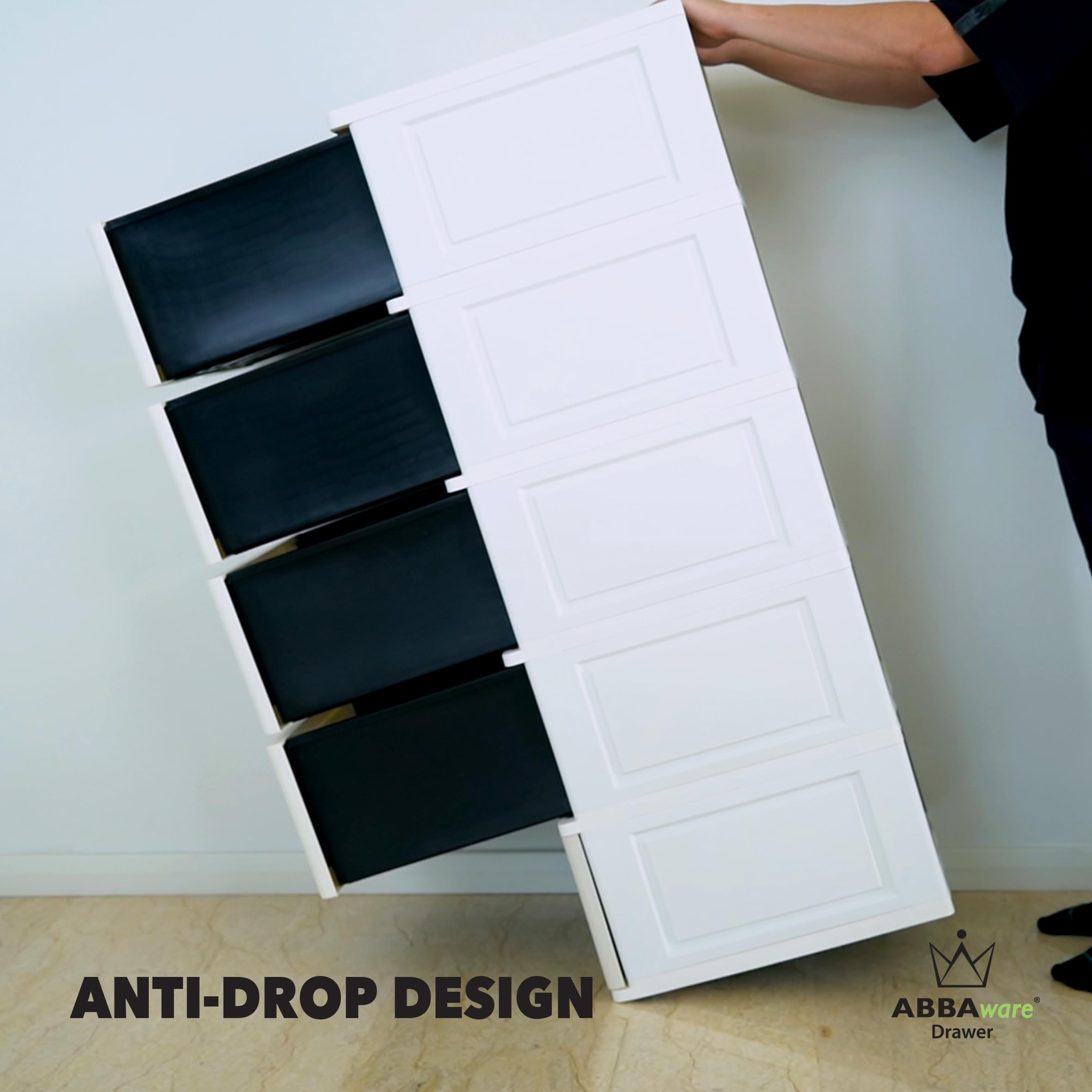 ABBAware Kommode 44x50x127 cm mit 5 großen XXL Schubladen, 40 Liter pro Schublade, in edlen Schwarz/Weiß Farben und feiner Kiefernholz-Optik der Umwelt zuliebe aus recyclebarem PP Kunststoff