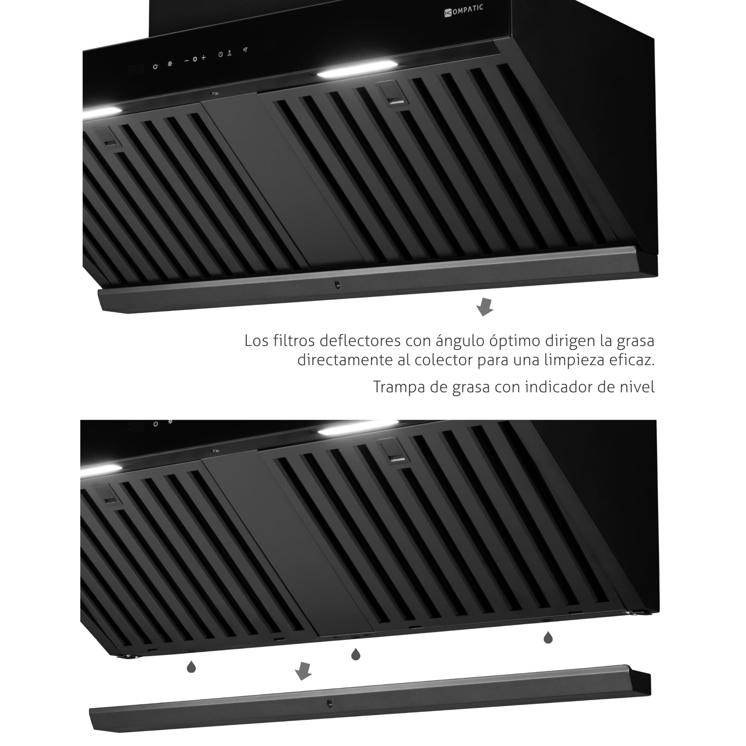 Campana extractora mural Kompatic Kori 90 KPKR90WB, 90 cm, 800 m³/h, clase A+++, control táctil y gestual, mando a distancia, Boost/Super Boost, negro mate.