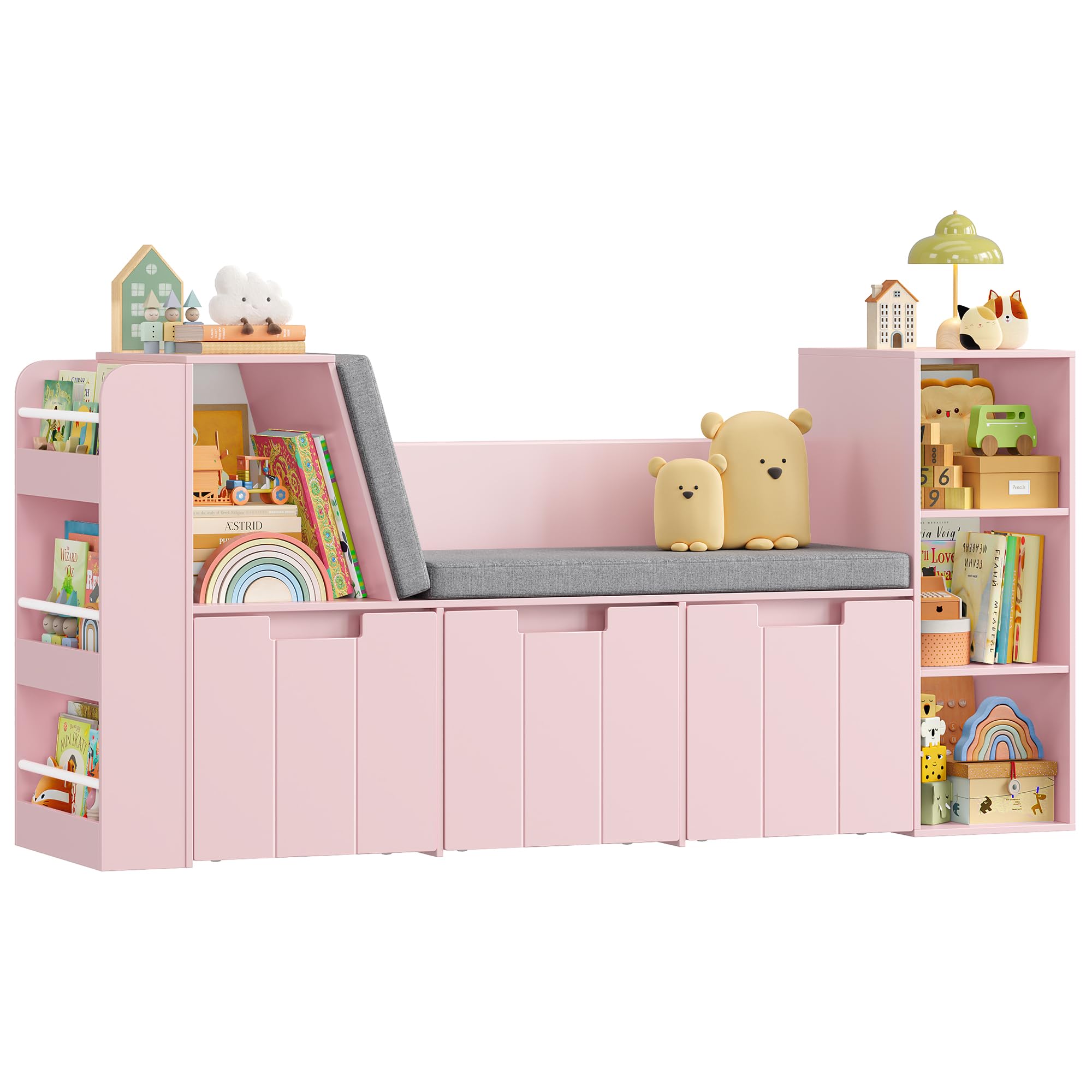 HOCSOK Bibliothèque Enfant, 156 cm Étagère pour Enfants avec Bibliothèque Banc, Meuble Rangement Jouet avec 3 Tiroirs Roulants, Rose, 80×38×156 cm