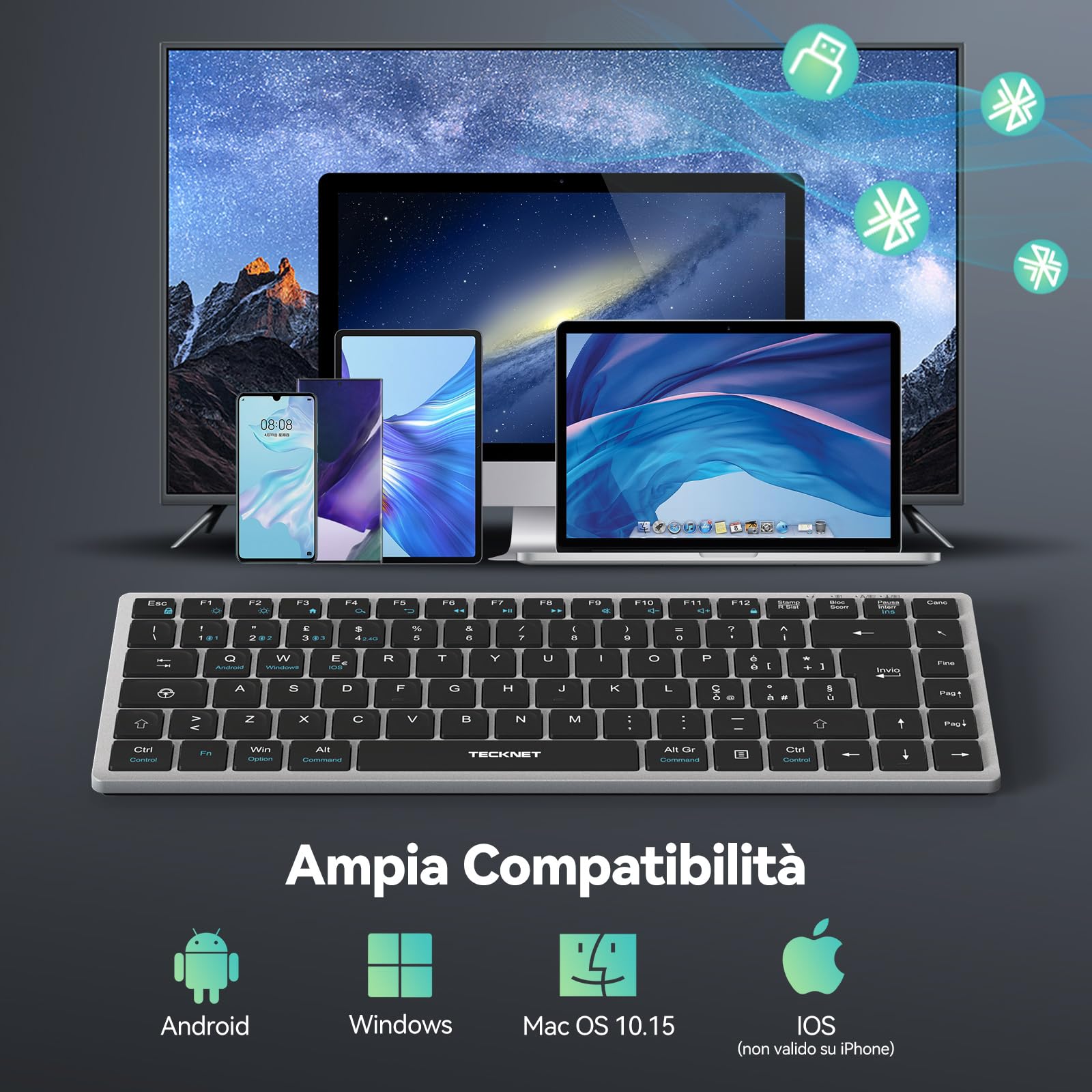 TECKNET Tastiera Bluetooth Ricaricabile, 4-Dispositivo (2.4G USB+3 BT), Mini Tastiera Wireless Italiana, Easy-Switch per Windows, MacOS, iOS, Android, Samsung Tablet, Smart TV, Italiano Layout QWERTY