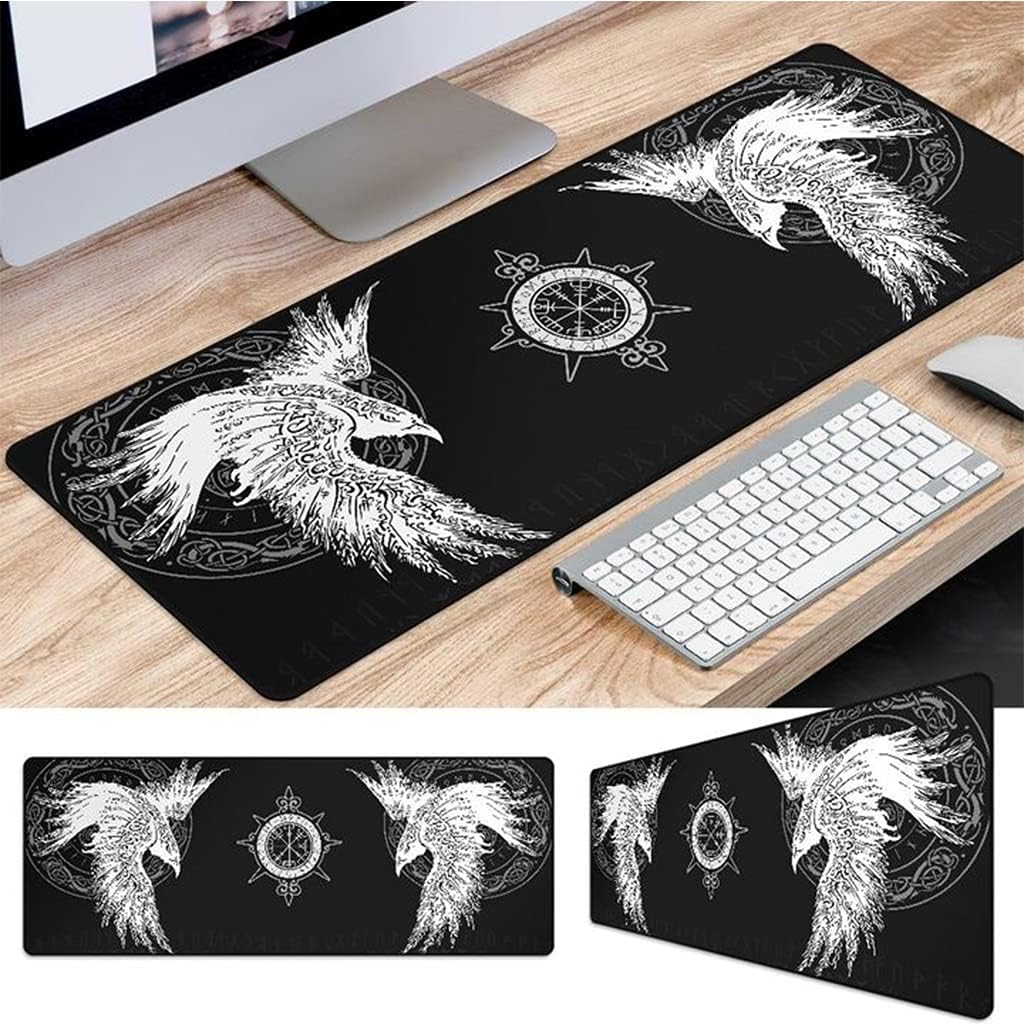 Viking Raven Rune Vegvisir Mouse Mat, 3D Print Tattoo Big Extended Desk Game Keyboard Pad with Non-Slip Base and Stitched Edge for Office & Home,Black,23.6" x 11.8"