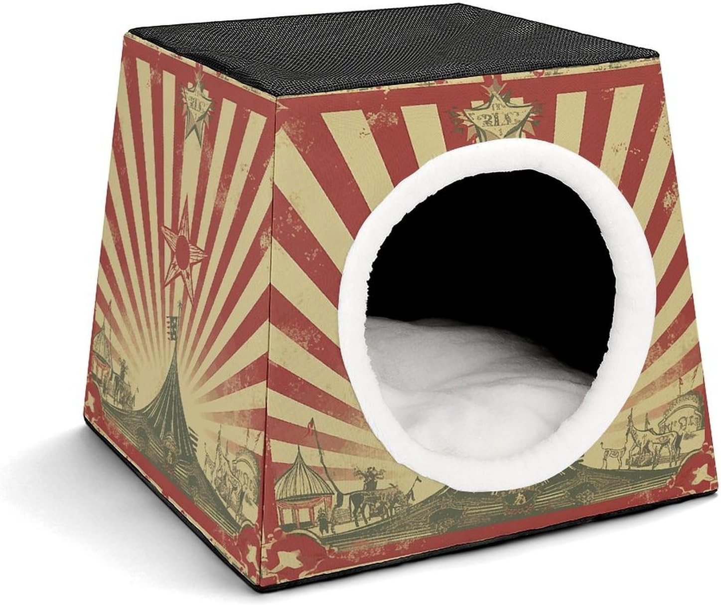 Cat Cave Cat Beds for Indoor Cats Vintage Circus Background Foldable Cat Hideaway with Washable Cushion and Non-Slip Base