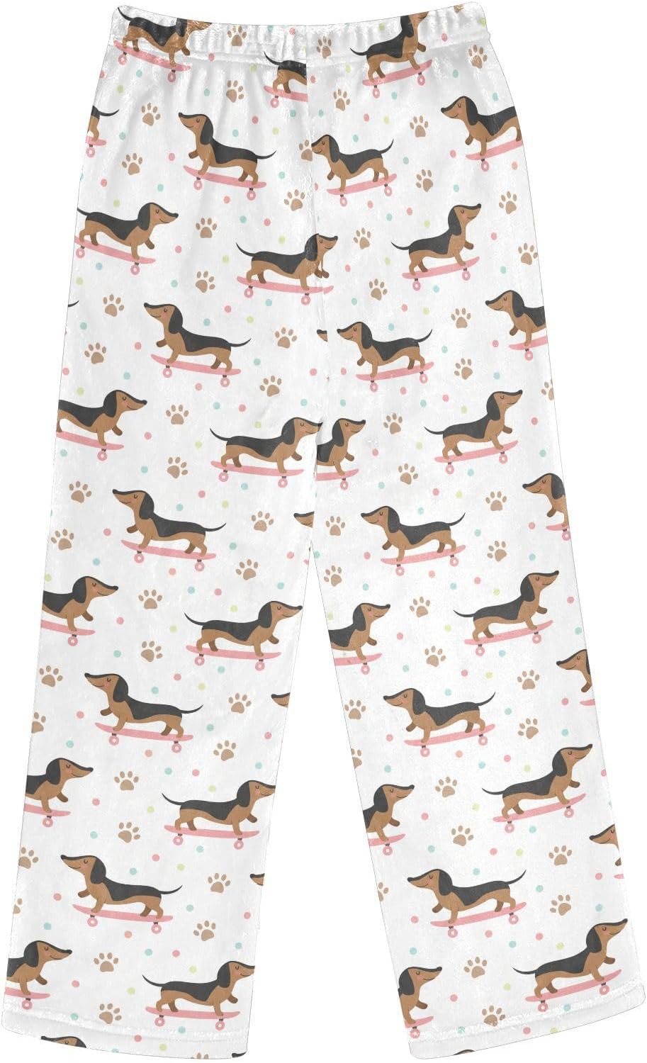 Cute Dog Skateboard White Print Plush Pajama Pants Sleepwear Bottoms Lounge Fleece Pants with Elastic Waist, S-XL