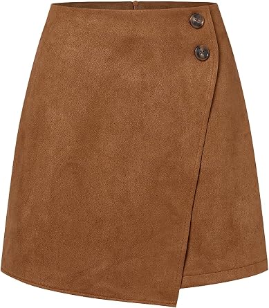 Womens Faux Suede High Waist Asymmetrical Hem A-Line Short Mini Skirt