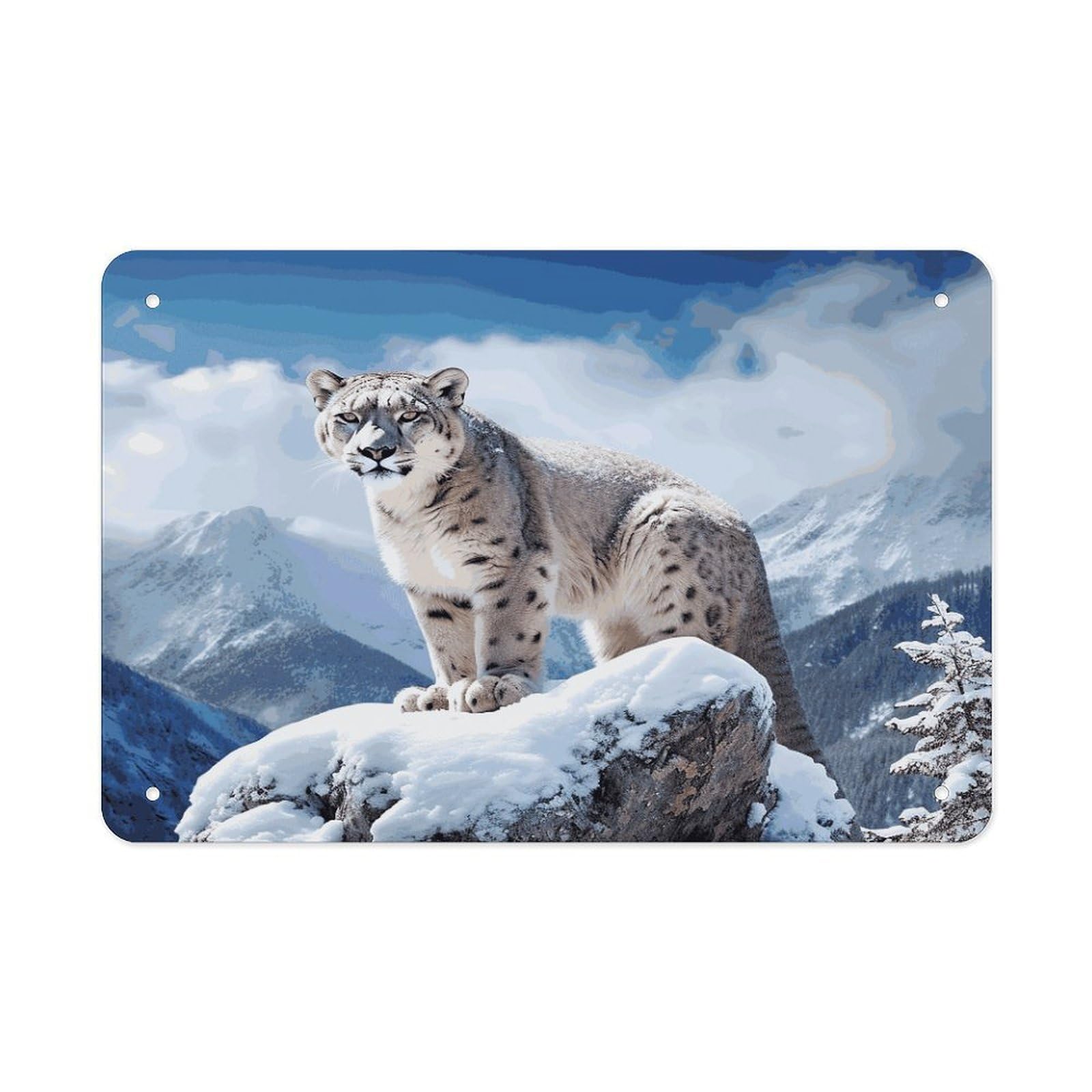 LDGSUPH Snow Leopard Mountain Metal Tin Sign Wall Art Prints Folded Edge Iron Sheet Painting with Holes for Wall Prints Decorative Picture Metal Signboard Decor Painting Wall Decor