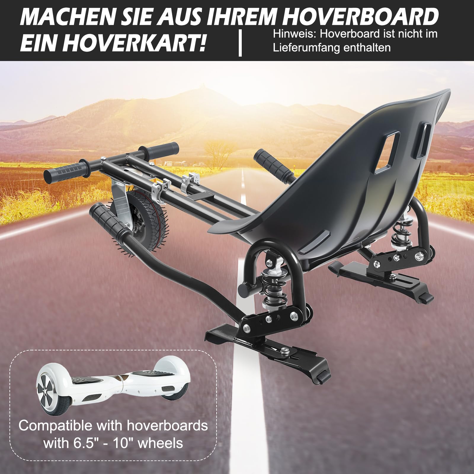 Siège d'hoverkart universel de 6,5 à 10" avec suspension innovante, amortisseurs de chocs, pneus avant remplis d'air (roues rouges à pneus)