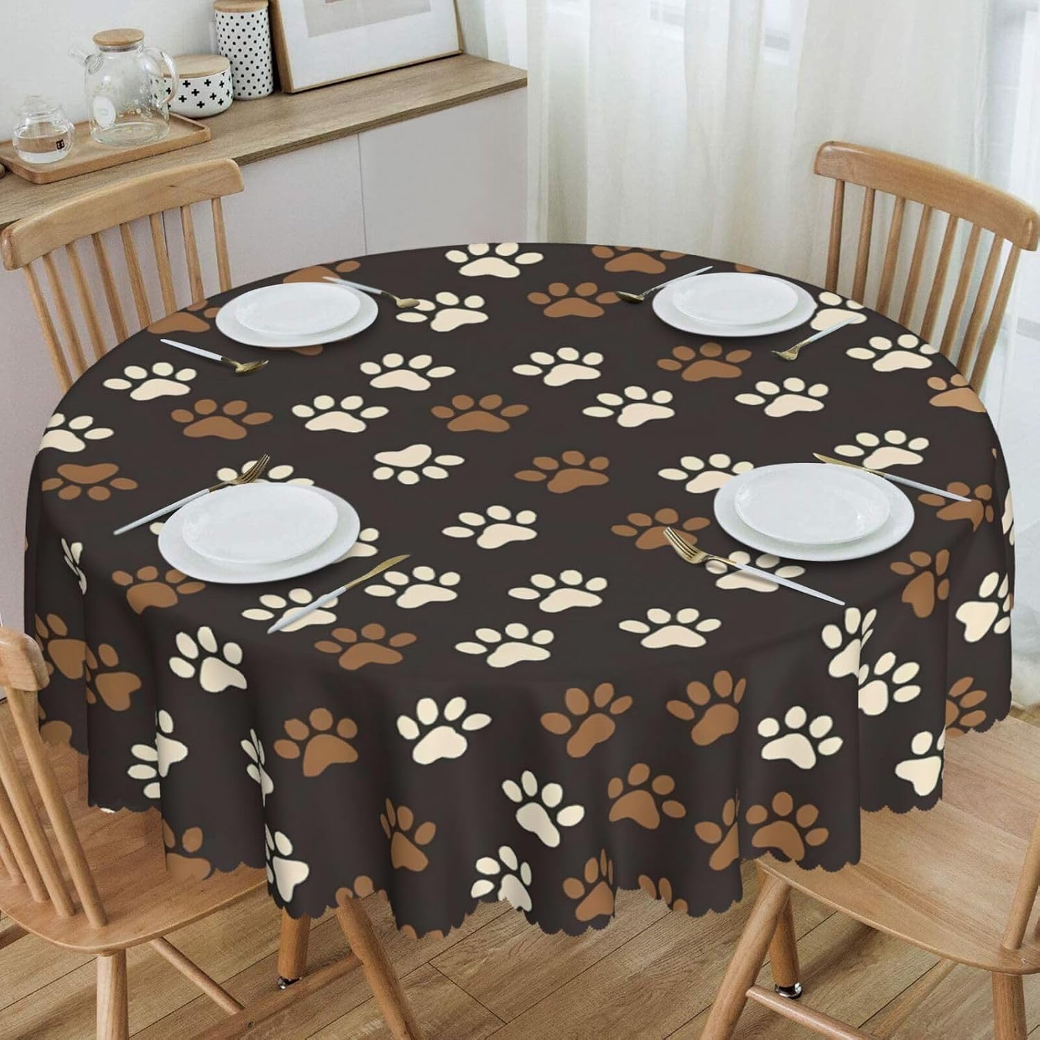 Round Tablecloth 60 in Dog Paw Print Outdoor Waterproof Spill-Proof Tables Cloth Brown Background Decorative Table Cover for Kitchen Dinner Table Party Picnic