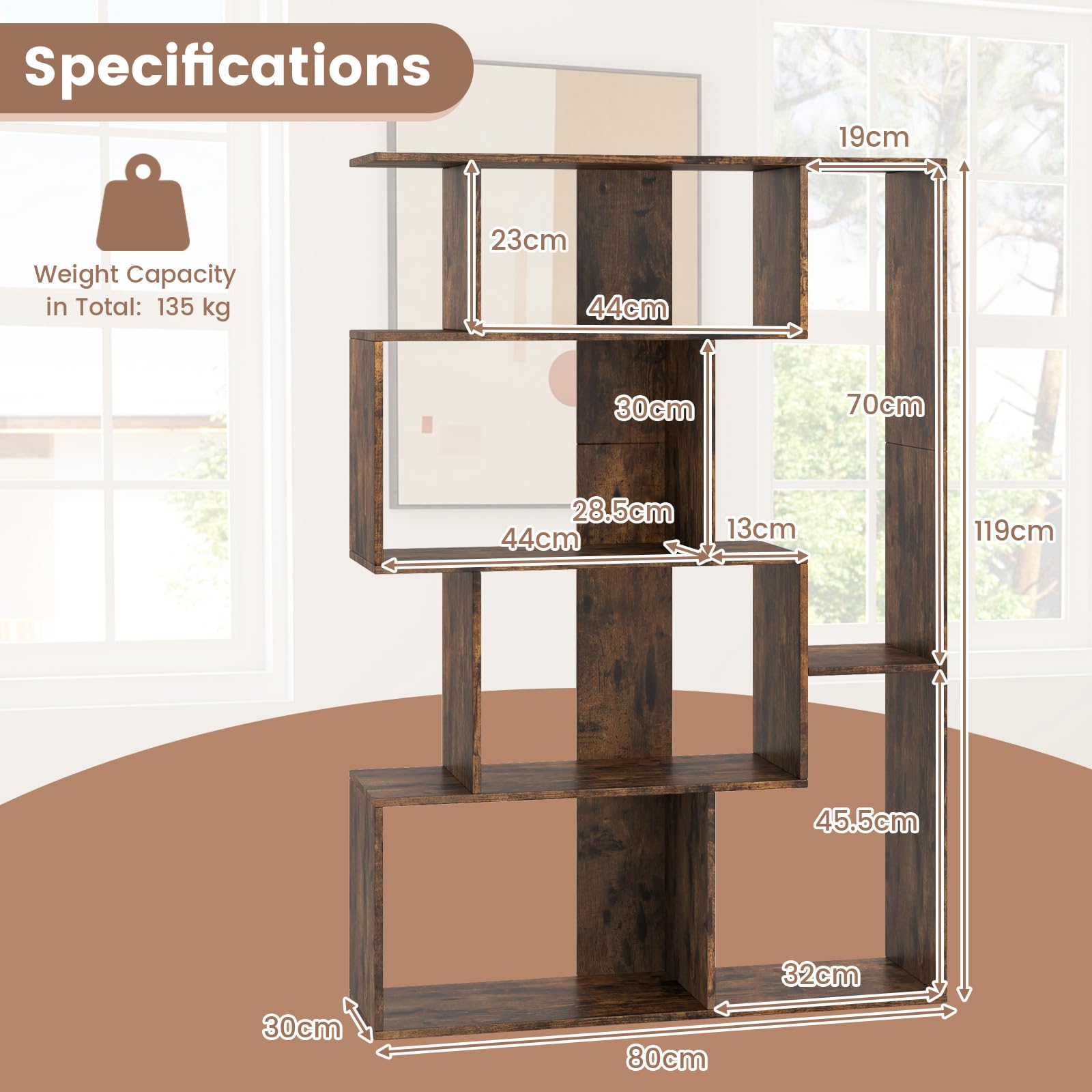 HOMASIS Libreria Scaffale con Forma di S, Libreria Verticale a 6 Cubi in Legno, Mobile Scaffale Moderna con Dispositivo Antiribaltamento da Soggiorno, Studio, 80 x 30 x 119 cm (Marrone)