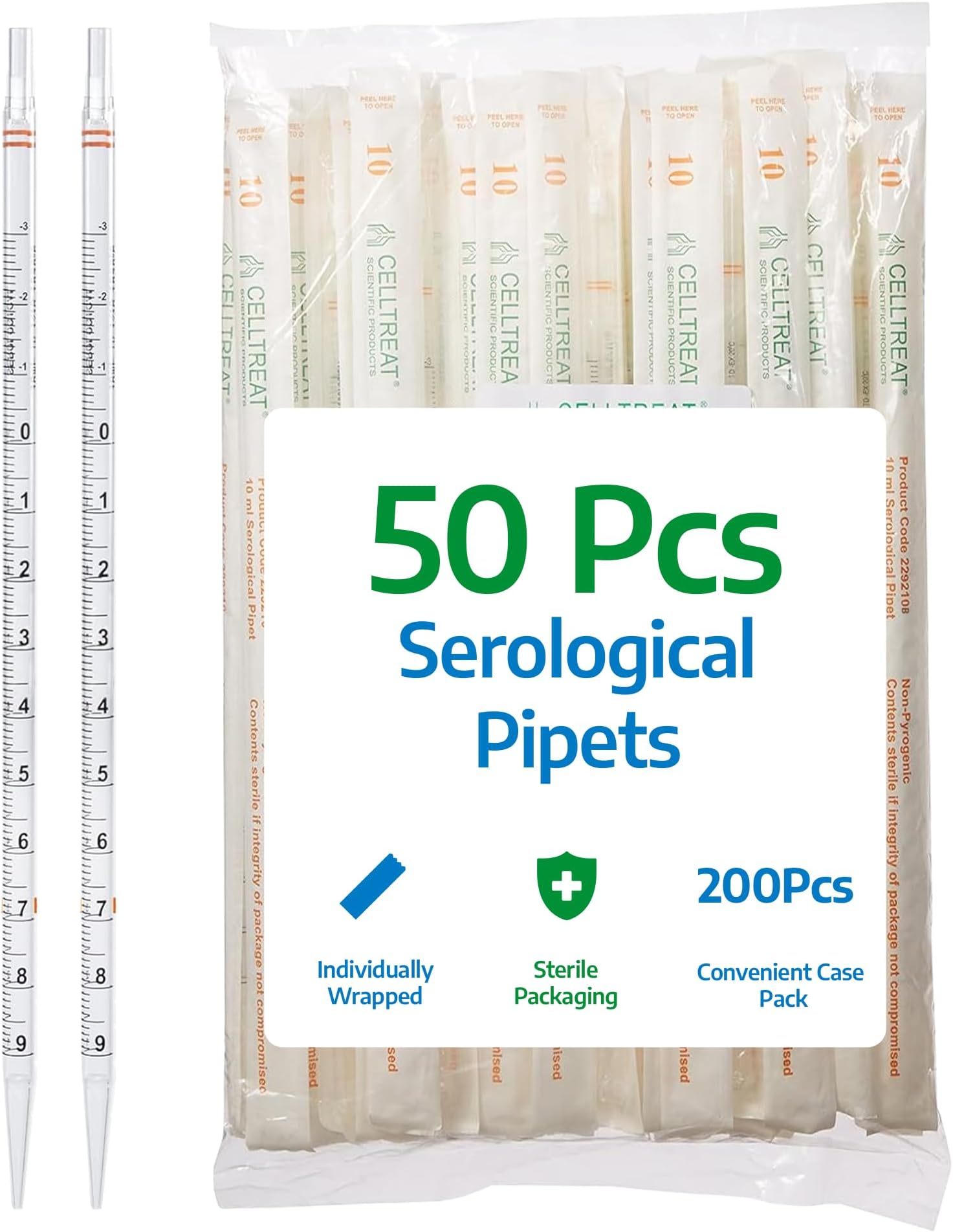 Celltreat 229210B Serological Pipet, 10mL Capacity, Sterile, Individually Wrapped/Bag (Case of 200)