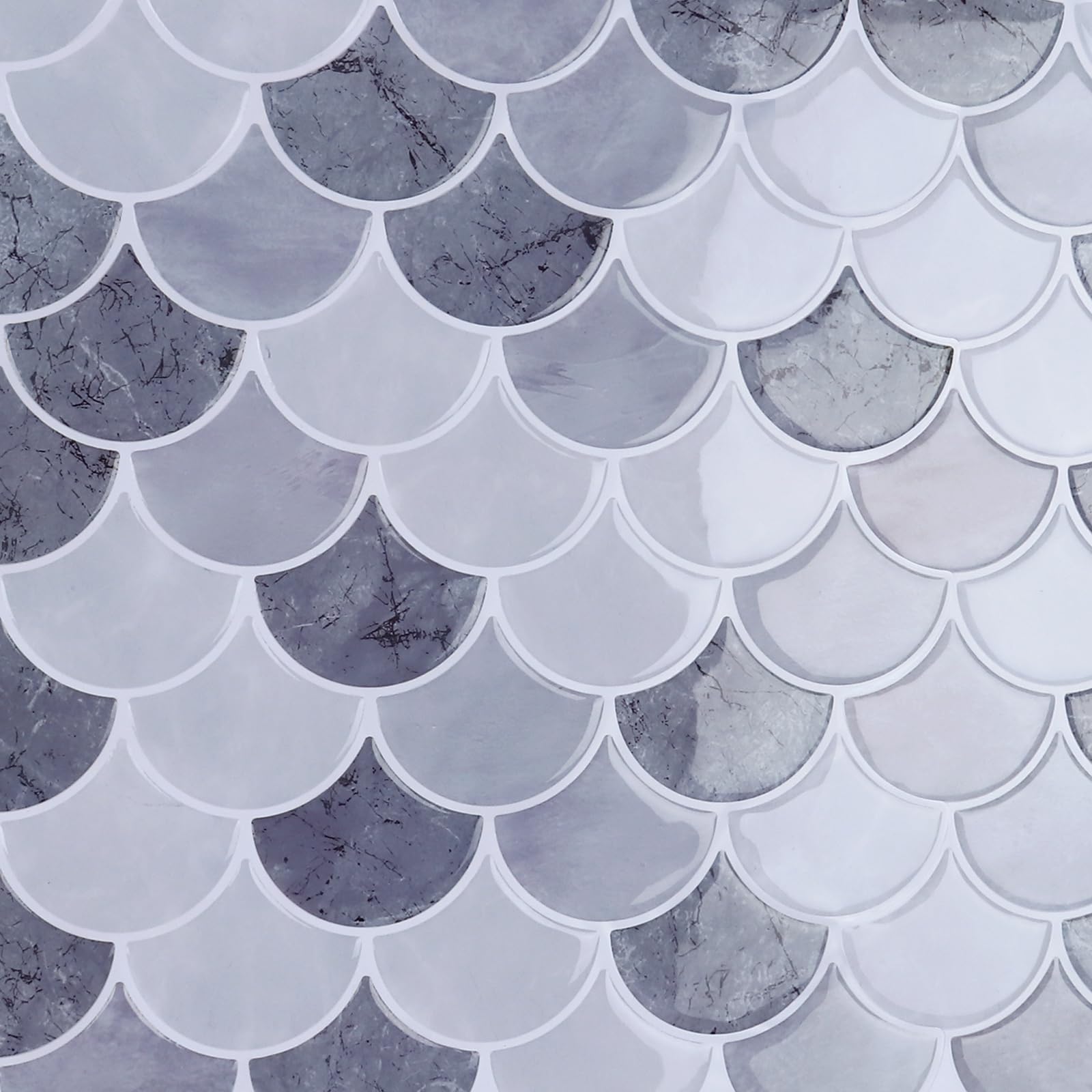 CRE8TIVE 4 Sheets Fish Scale Peel and Stick Backsplash Tiles for Kitchen Back Splash Stick on Tile 12"x12" Light Grey Shell 3D Wall Tile Waterproof Self Adhesive Backsplash for Bathroom Shower Walls