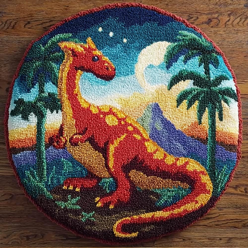 kitphoenix DIY Latch Hook Rug Kits Dinosaur Easy for Beginners Round Carpet Crochet Yarn Craft Large Rug Hook and Latch Tapestry for Home Decor 50X50Cm