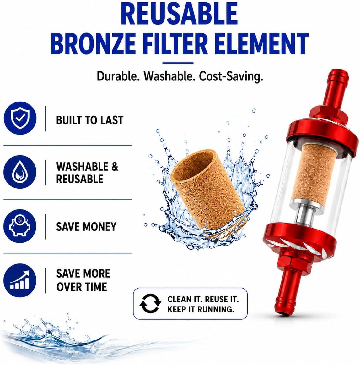 5/16 Fuel Filter Inline, Reusable Washable Aluminum Gas Fuel Filter with Clear Glass, for Small Engine, Motorcycle, ATV, Lawn Mower, Boat (Non Fuel Injected)