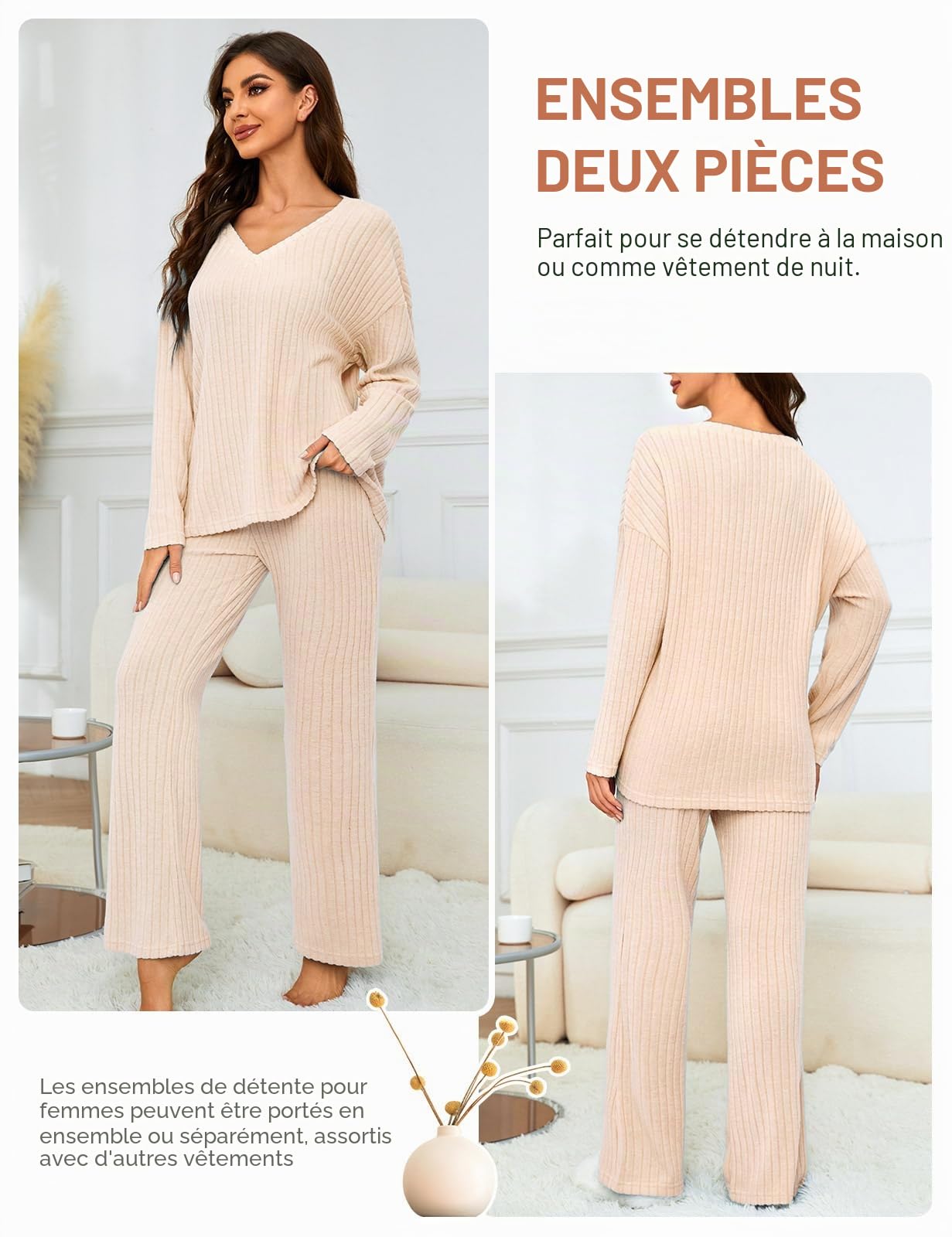 Tuopuda Ensemble Femme Chic et Elegant Pyjama à Manches Longue 2 Pièces Pantalon à Taille Élastique Haut Tricot Vêtement de Nuit Doux Vêtement d'Intérieur Sleepwear