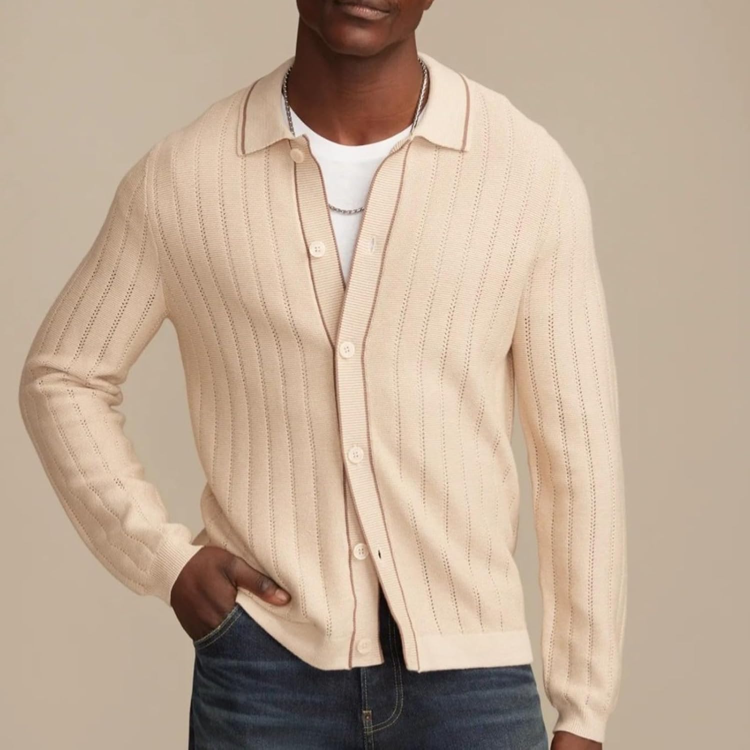 Men's V-Neck Striped Cardigan, Casual Long Sleeve Knit Sweater for Spring Fall