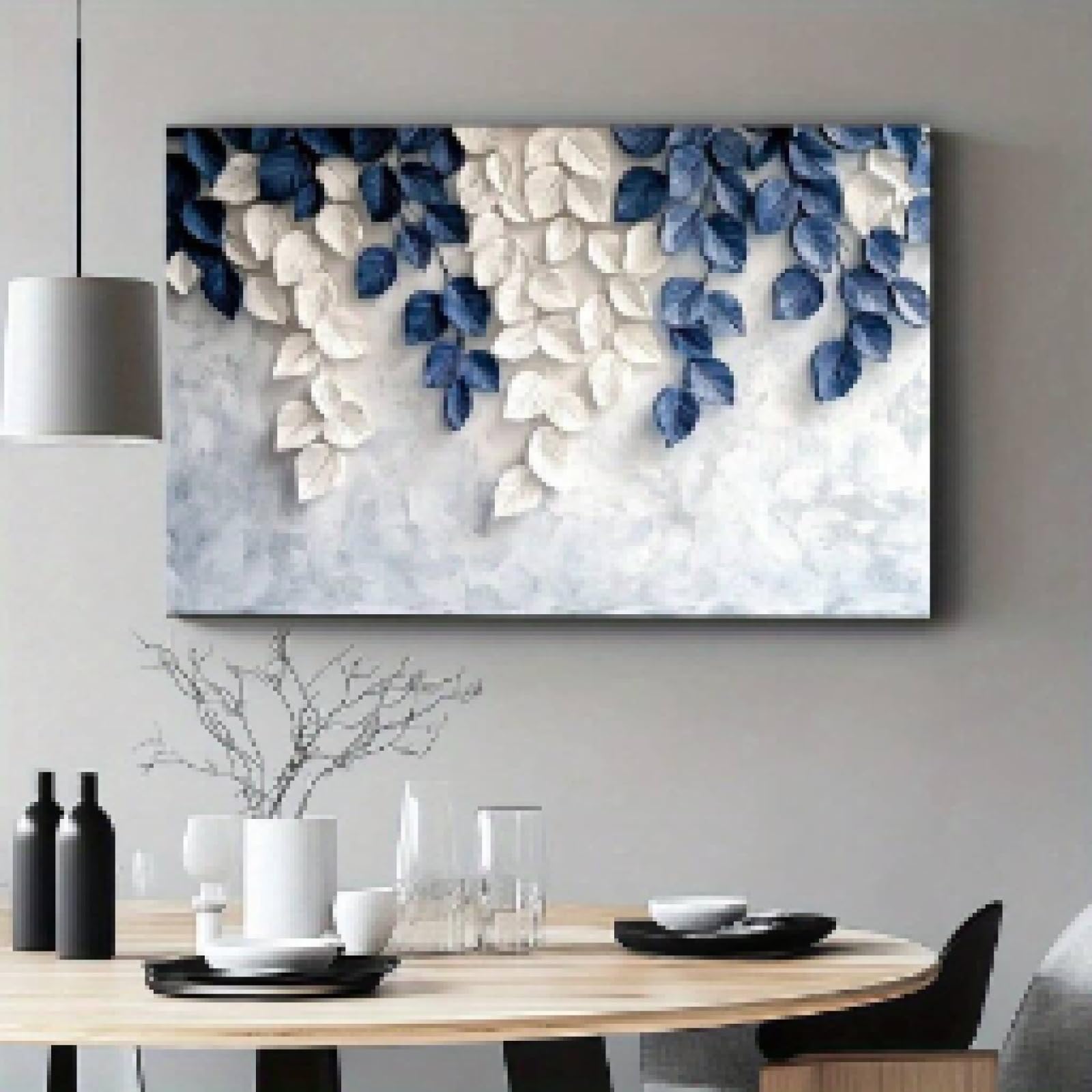 Peinture sur toile chambre à coucher tableau feuilles bleues 80x120 - 8
