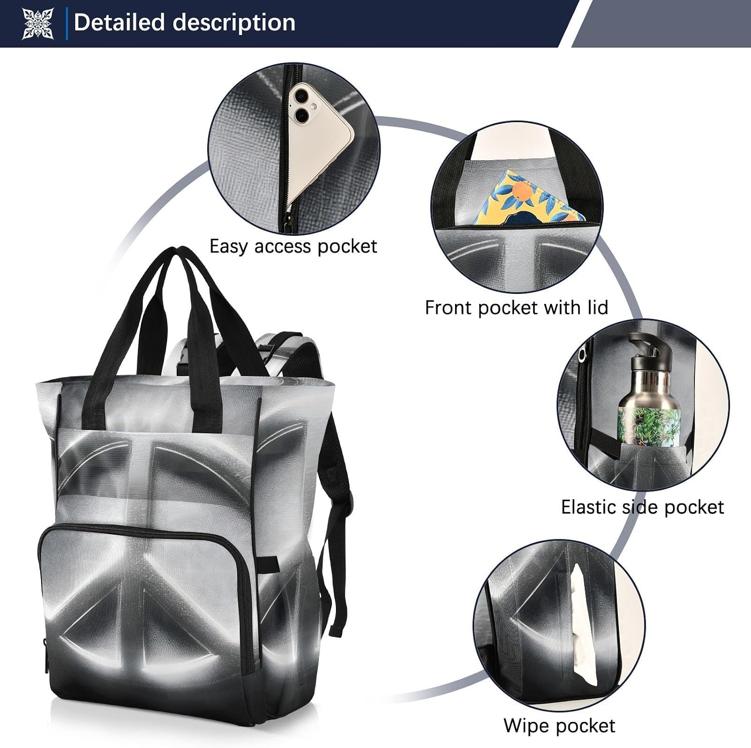 Diaper Backpack Black Peace Sign Pattern with Insulated Feeding Bottle Compartment, Mommy Nursing Bag Organizer for Travel Daycare with Stroller Straps