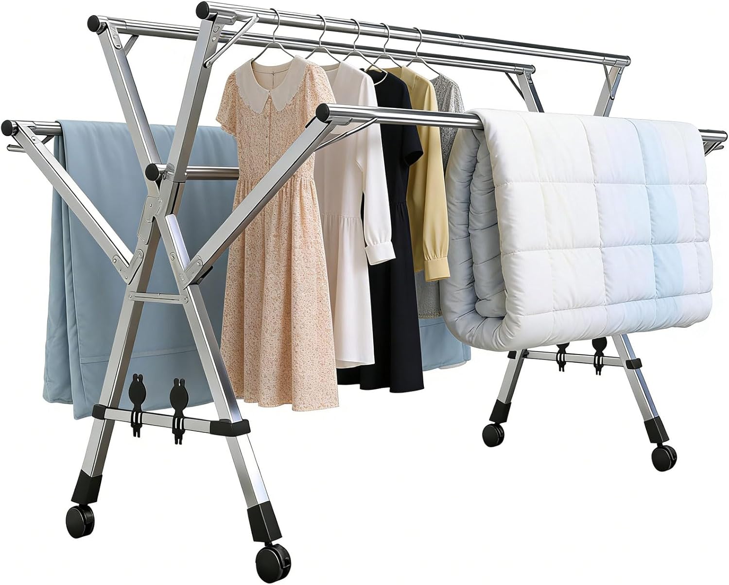 HUHJYUGE Outdoor Clothes Drying Rack, Heavy Duty Folding Laundry Drying Rack, Retractable Stainless Steel Garment Drying Stand, 5 Poles Garment Rack with Wheels (240cm/94.5inch)