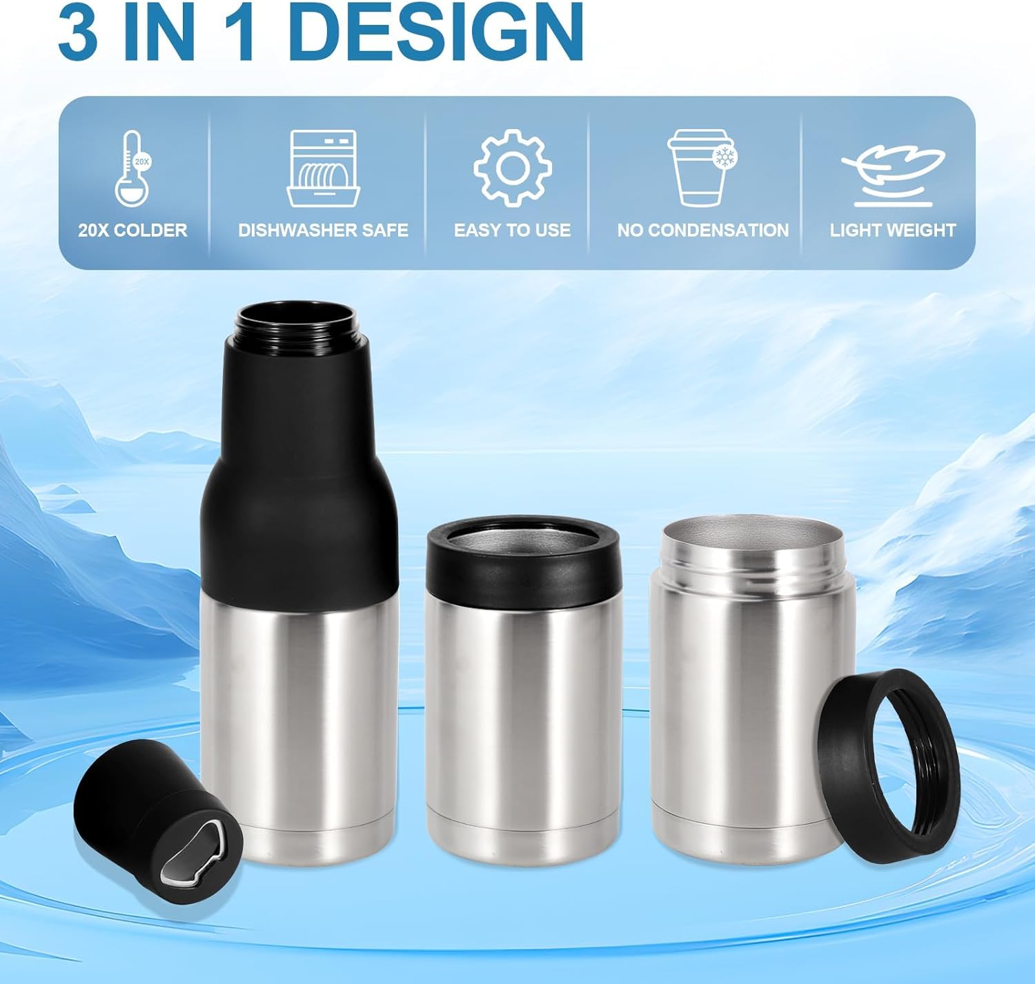 12oz Universal Beer Bottle Holder Double Walled SS Beer Bottle Cooler 3 in 1 Can Koozie with Beer Opener Vacuum Insulated - fit Fishing,Camping Outdoor Activities and Nice Gift for Men(Silver) - Image 4