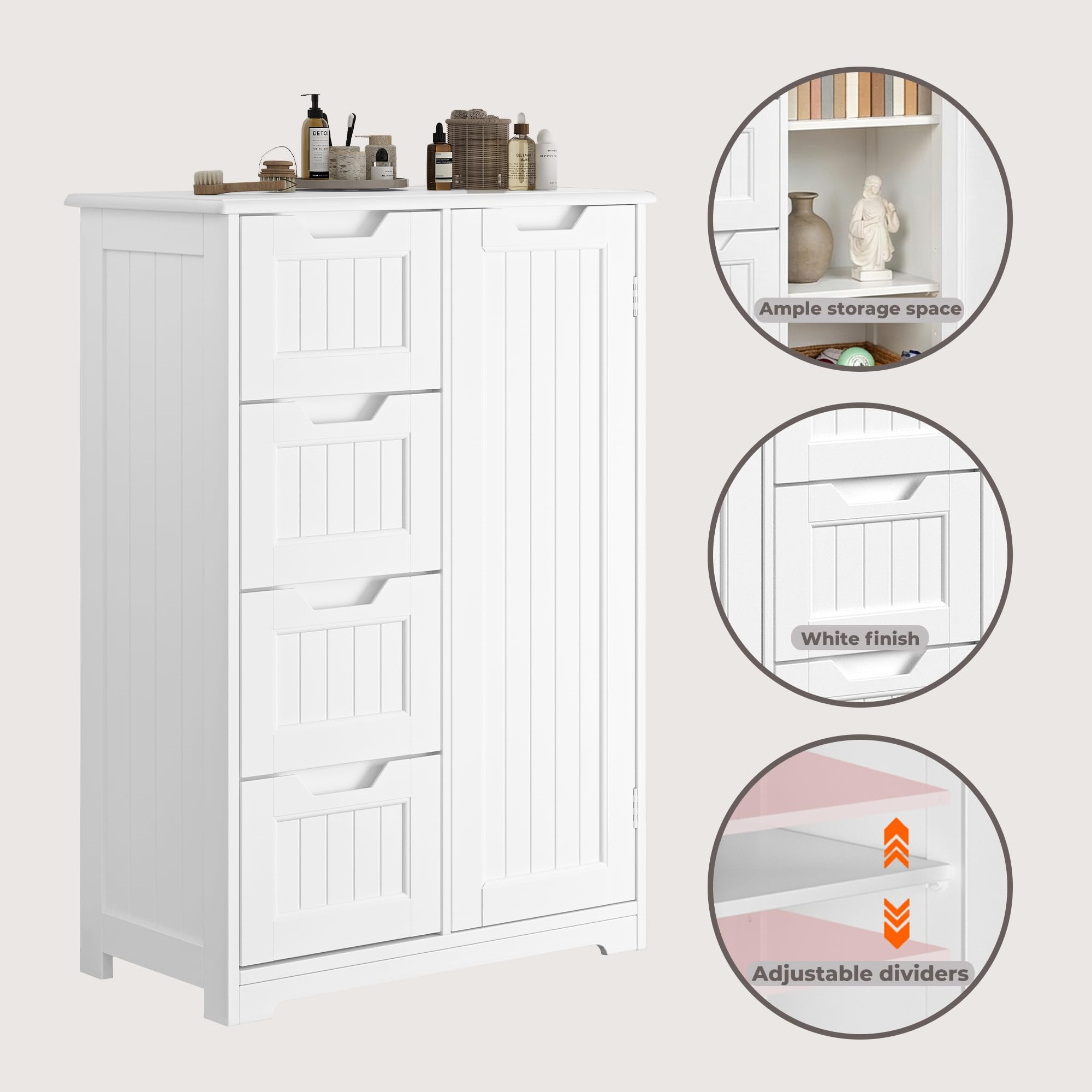 Meuble de Salle de Bain avec 4 tiroirs, Meuble autoportant, Meuble latéral avec Porte et séparateur Ajustable, pour Salle de Bain, Couloir, 30 x 60 x 85 cm (Blanc)