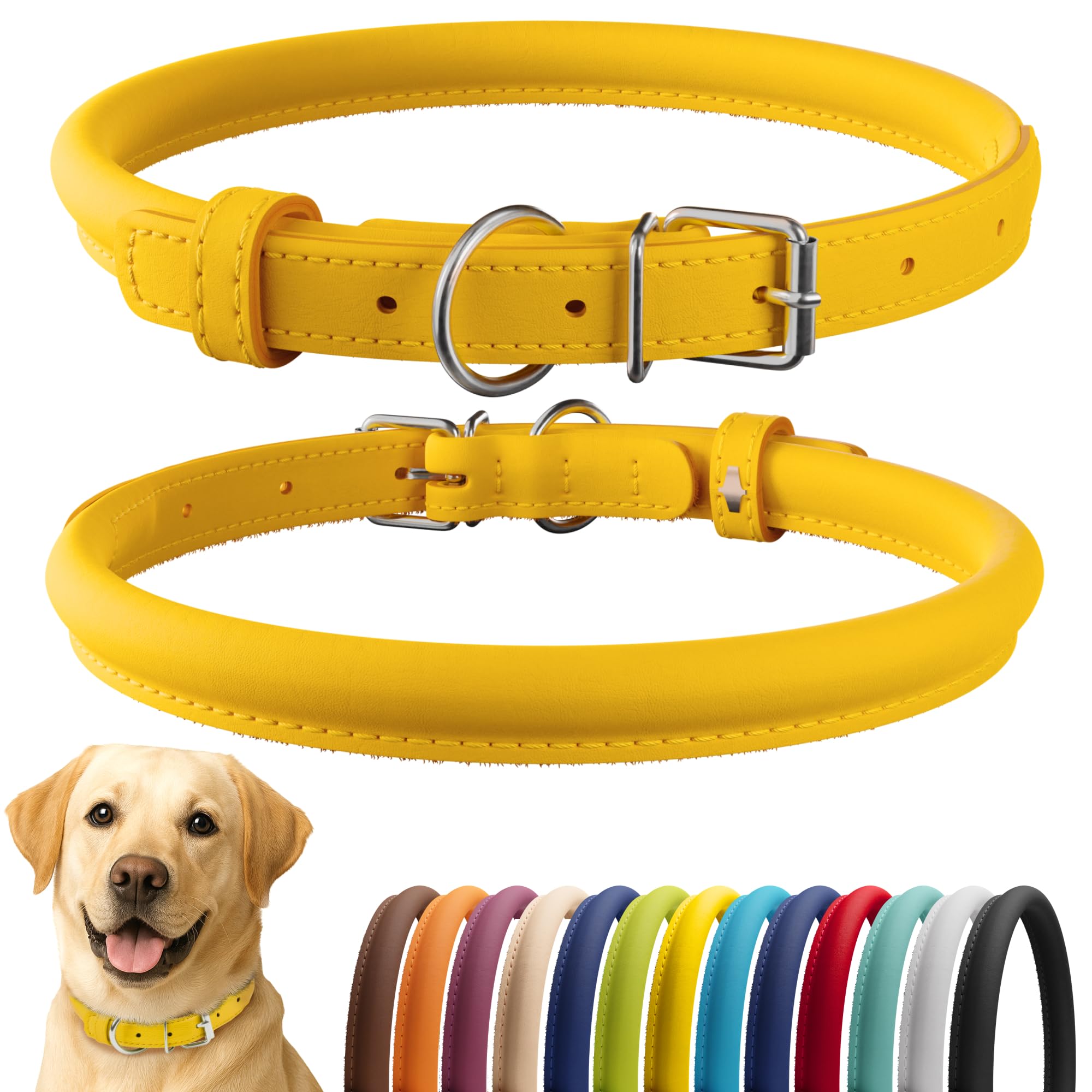CollarDirect Rolled Leather Dog Collar, Soft Padded Round Puppy Collar, Handmade Genuine Leather Collar Dog Small Large Cat Collars 13 Colors (15-19