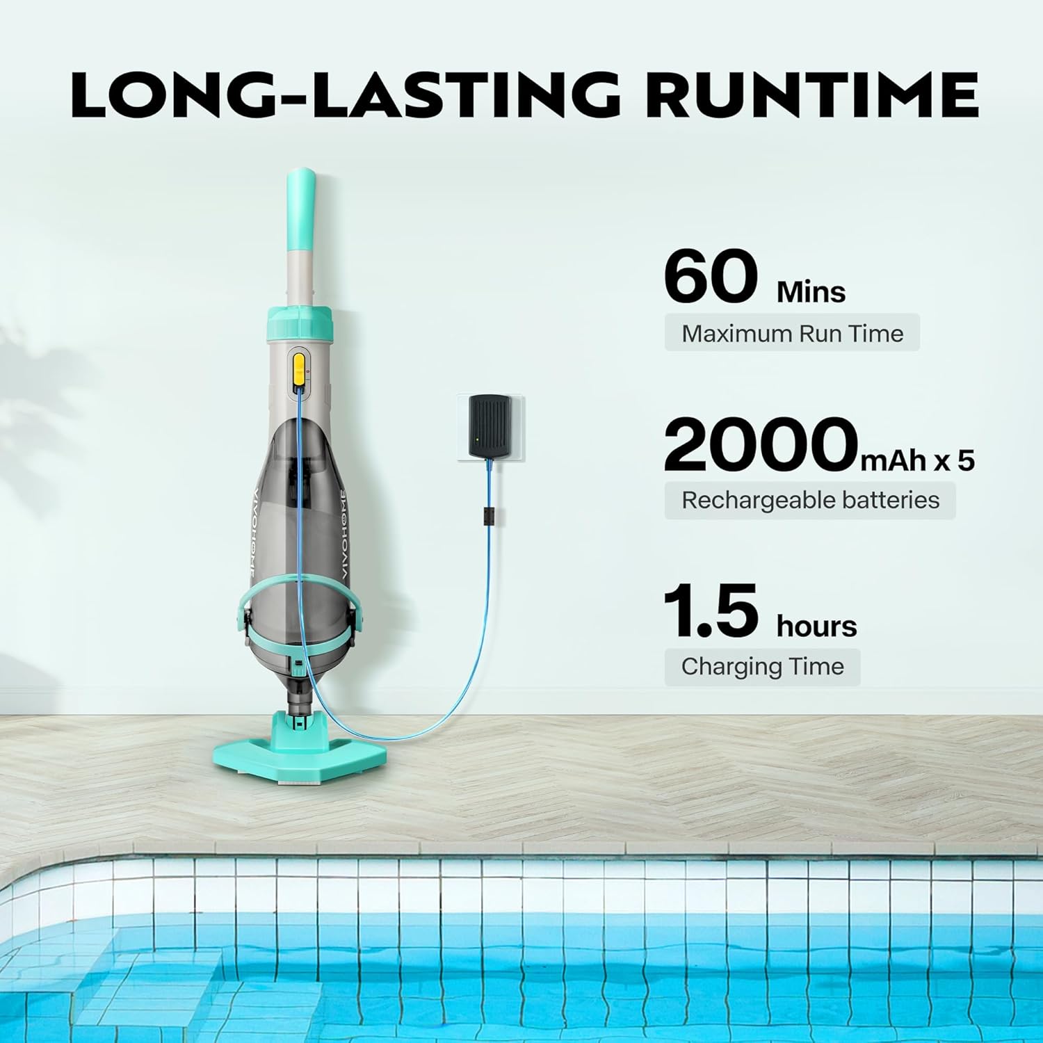 VIVOHOME Cordless Pool Vacuum 60 Mins Running Time Powerful Suction up to 18.5 GPM with VIVOHOME 1.5 HP Powerful Self Primming 6360 GPH Swimming Pool Pump w/Timer for in/Above Ground Pool